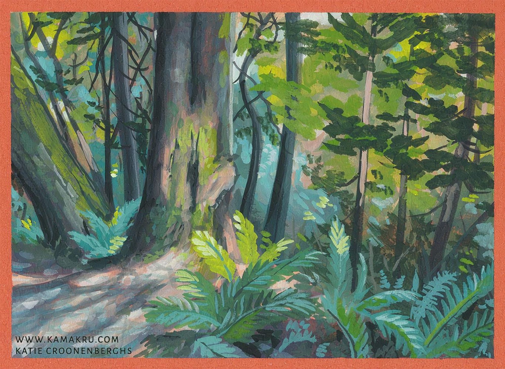 gouche painting of a forest with ferns and dappled lighting. Text reads www.kamakru.com, katie croonenberghs