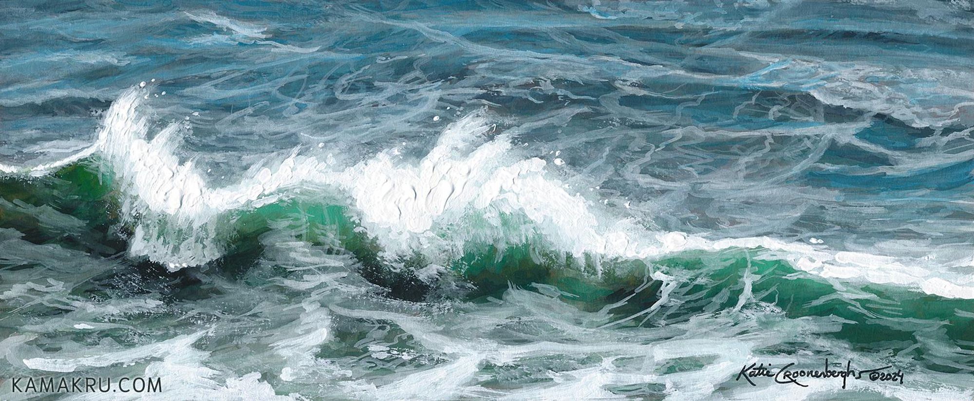 A gouache painting of a long ocean wave as it crashes. The wave has hints of green and thick paint was used at the top of the wave for the white spray. kamakru.com, painted in 2024