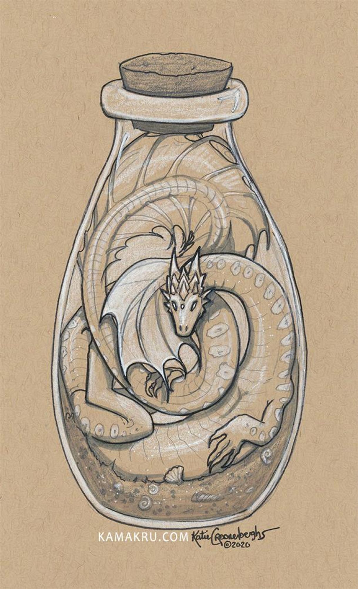 A sketch of a long curled up dragon inside of a bottle with a bit of sand and some tiny sea shells. Drawn in graphite, black and white colored pencil, ink and a bit of gray marker. Text reads kamakru.com. Artist signature reads Katie Croonenberghs 2020