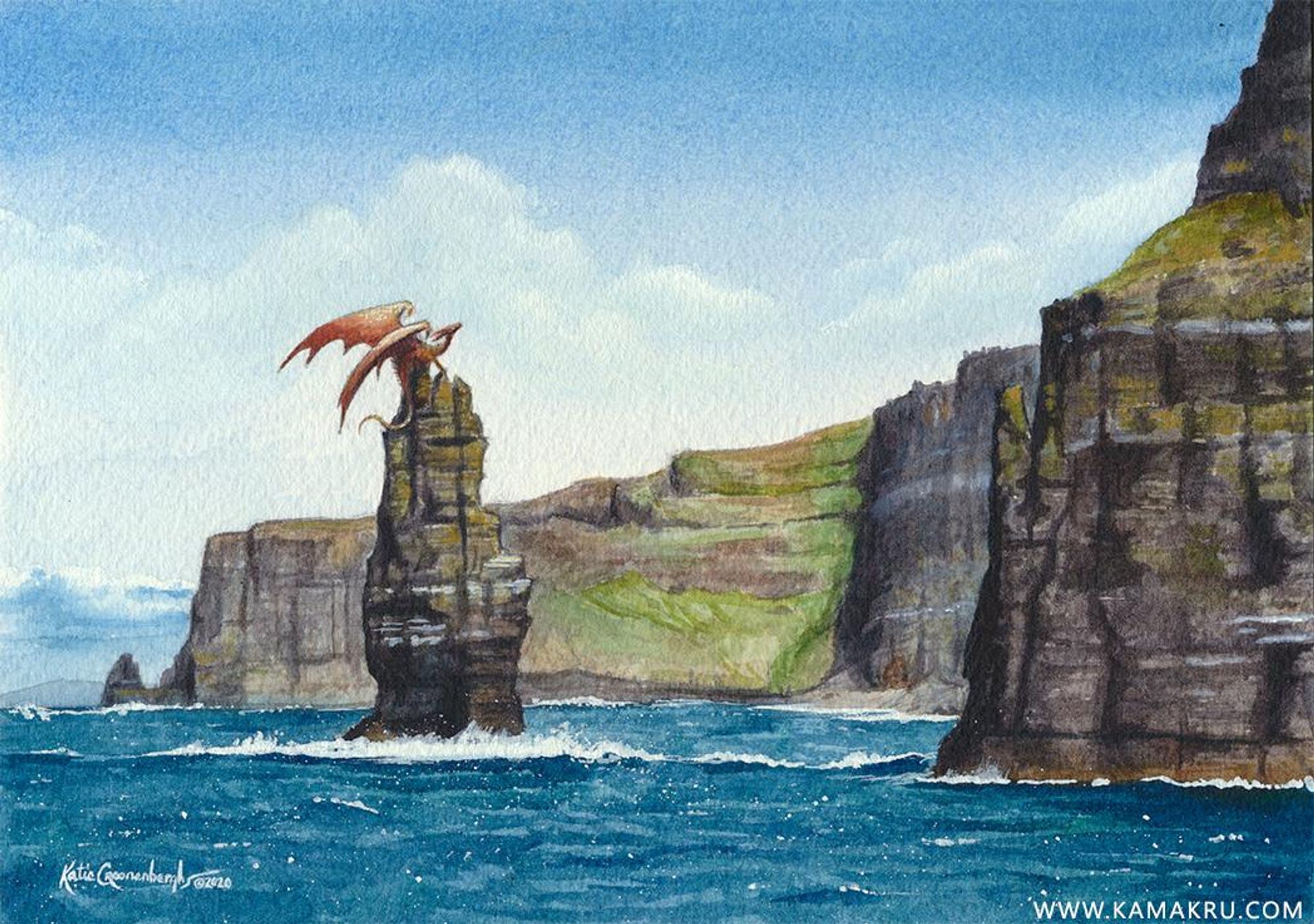 A watercolor painting of a dragon perched on a tall rock in the water of the ocean, surrounded by green cliffs. Text reads www.kamakru.com