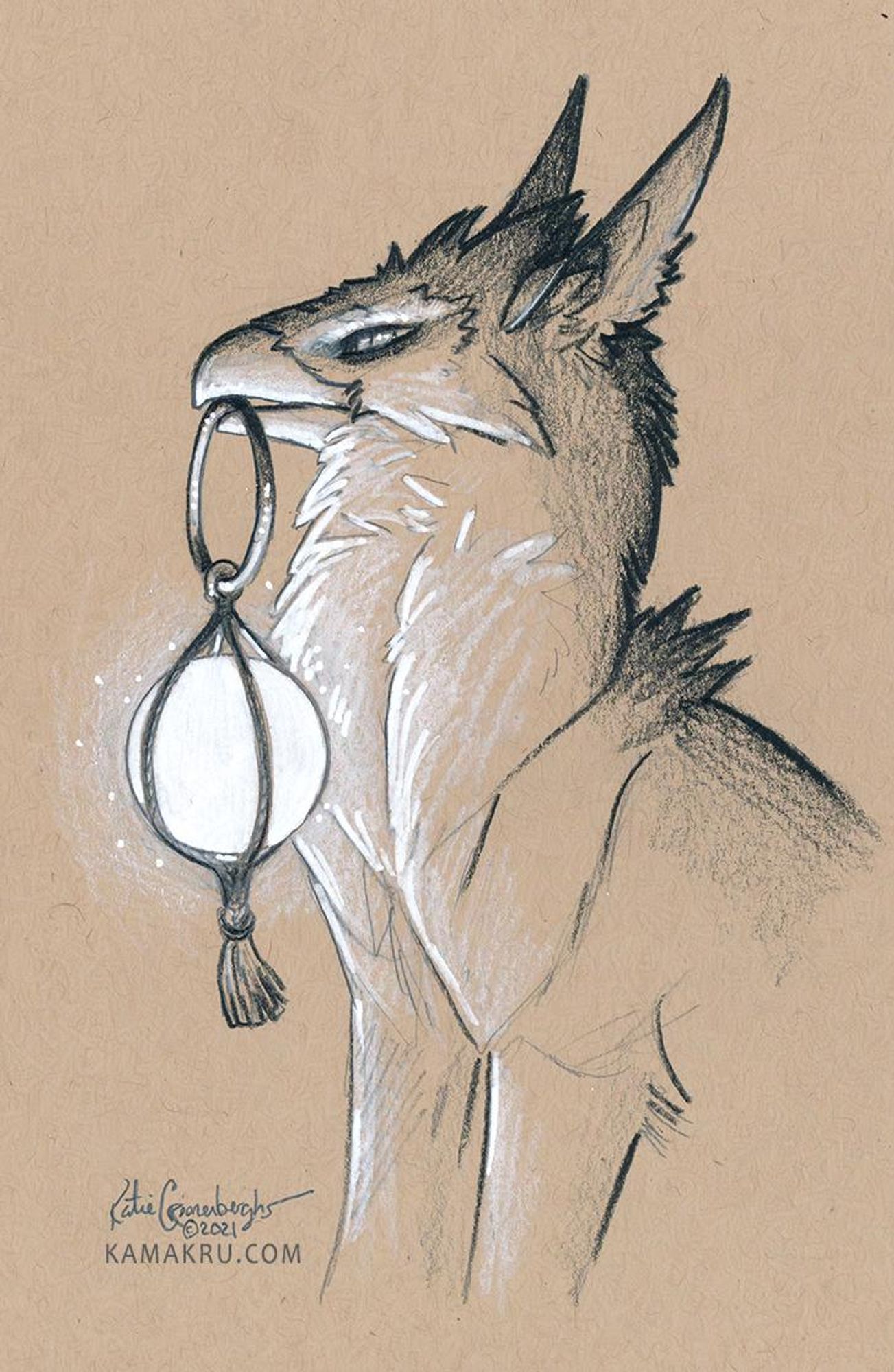 A sketch of a gryphon holding a white glowing orb shaped lantern. Artist signature reads Katie Croonenberghs 2021, and website kamakru.com