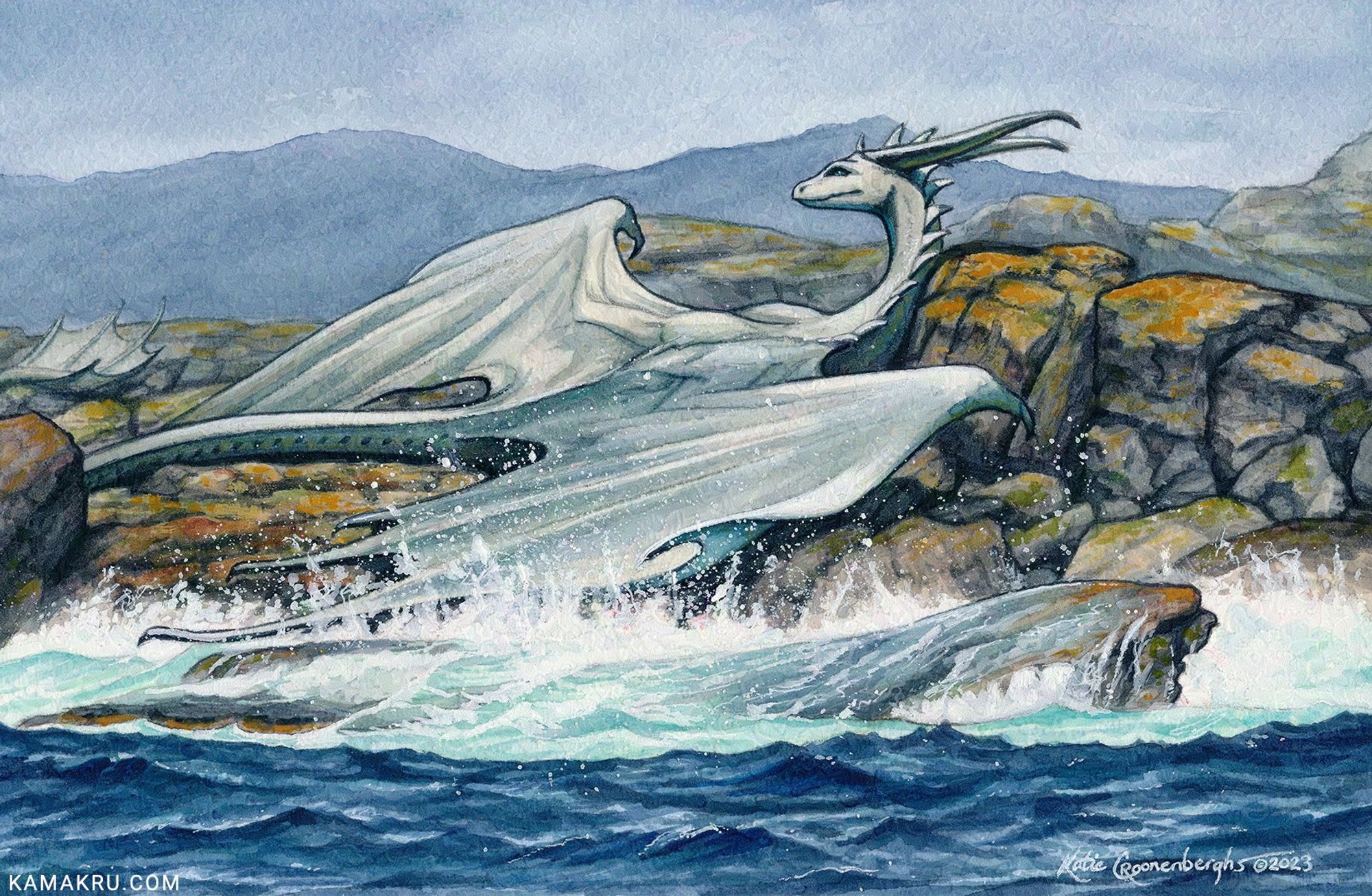 Watercolor and gouache painting of a white dragon lounging on golden lichen covered rocks. Below it, the deep blue sea water crashes up against the rocks, spraying the dragon and turning the roiling shallow water an aqua blue. In the distance are mountains. #traditionalart #fantasyart