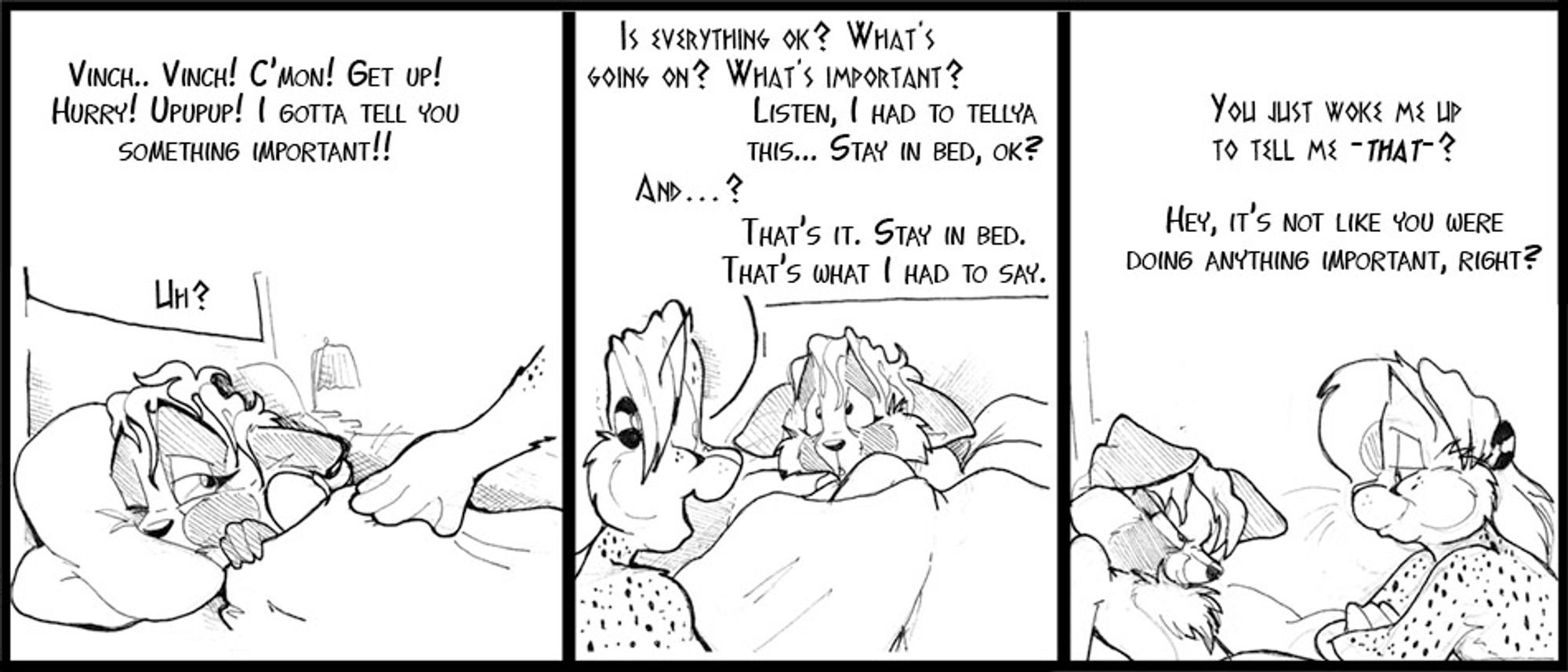 Three panel strip of Vinci and Arty, in bed. Vinci is sleeping when Arty wakes him up.

A: Vinch! Vinch!  C'mon! Get up! Hurry! Upupup! I gotta tell you something important!!
V: uh?

V: is everything okay? What's going on? What's important?
A: listen, I had to tell you this... stay in bed, okay?
V: And?
A: That's it.  Stay in bed. That's what I had to say.

V: You just woke me up to tell me THAT?
A: Hey, its not like you were doing anything important, right?