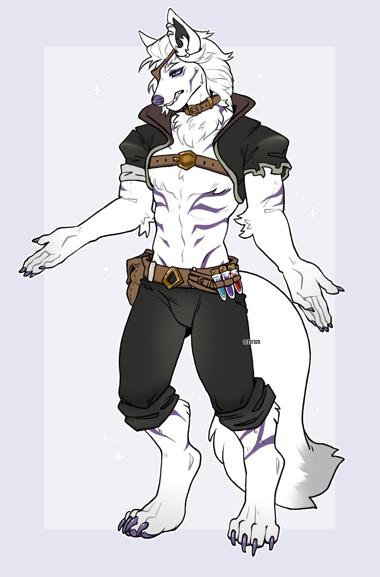 A one-eyed white wolf, male, with a muscular figure, white fur and purple stripes, in a cropped mostly sleeveless jacket and short cargo pants, holding his arms out in a shrug as if he has just been asked why he will not provide uppies