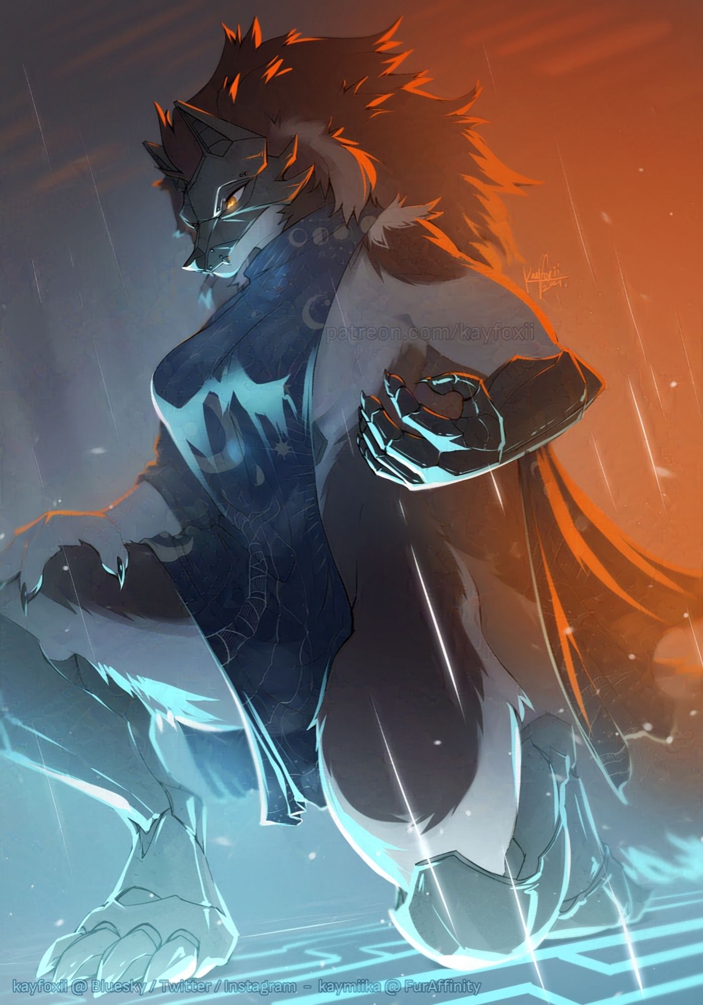 A semi-mechanical wolfess on one knee, summoning up the power of time around her. Behind her is an orange glow, while in front and below her is light blue. Her left arm, lower legs, and face are all metal while the rest of her is white and slate fur. She is wearing a blue asymmetrical cloak and her eyes are burning yellow. Don't get on her bad side.