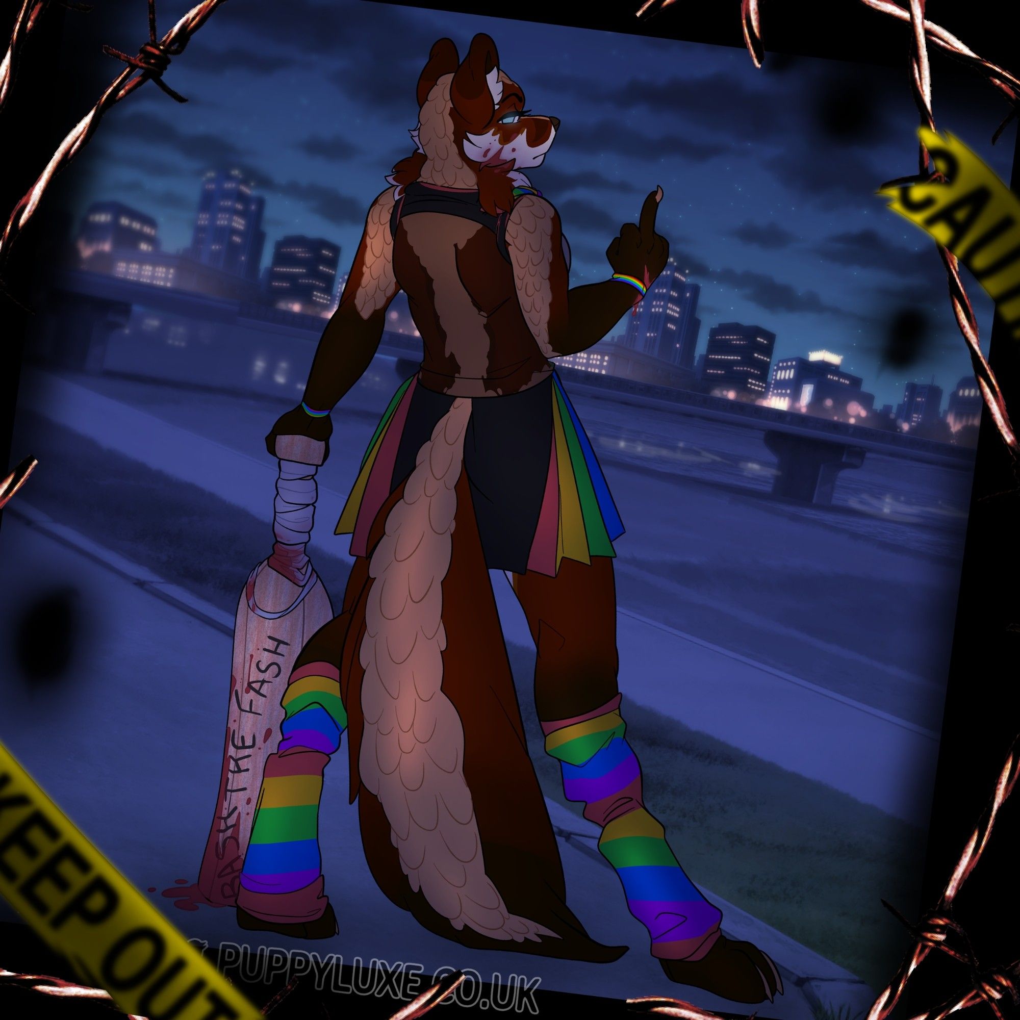 Pictured from behind is a pangolin fox hybrid, with scales running down her back, standing in the dark with her back to the viewer, leaning on a blood-spattered cricket bat that reads "Bash the Fash". She's wearing a rainbow kilt and leg warmers