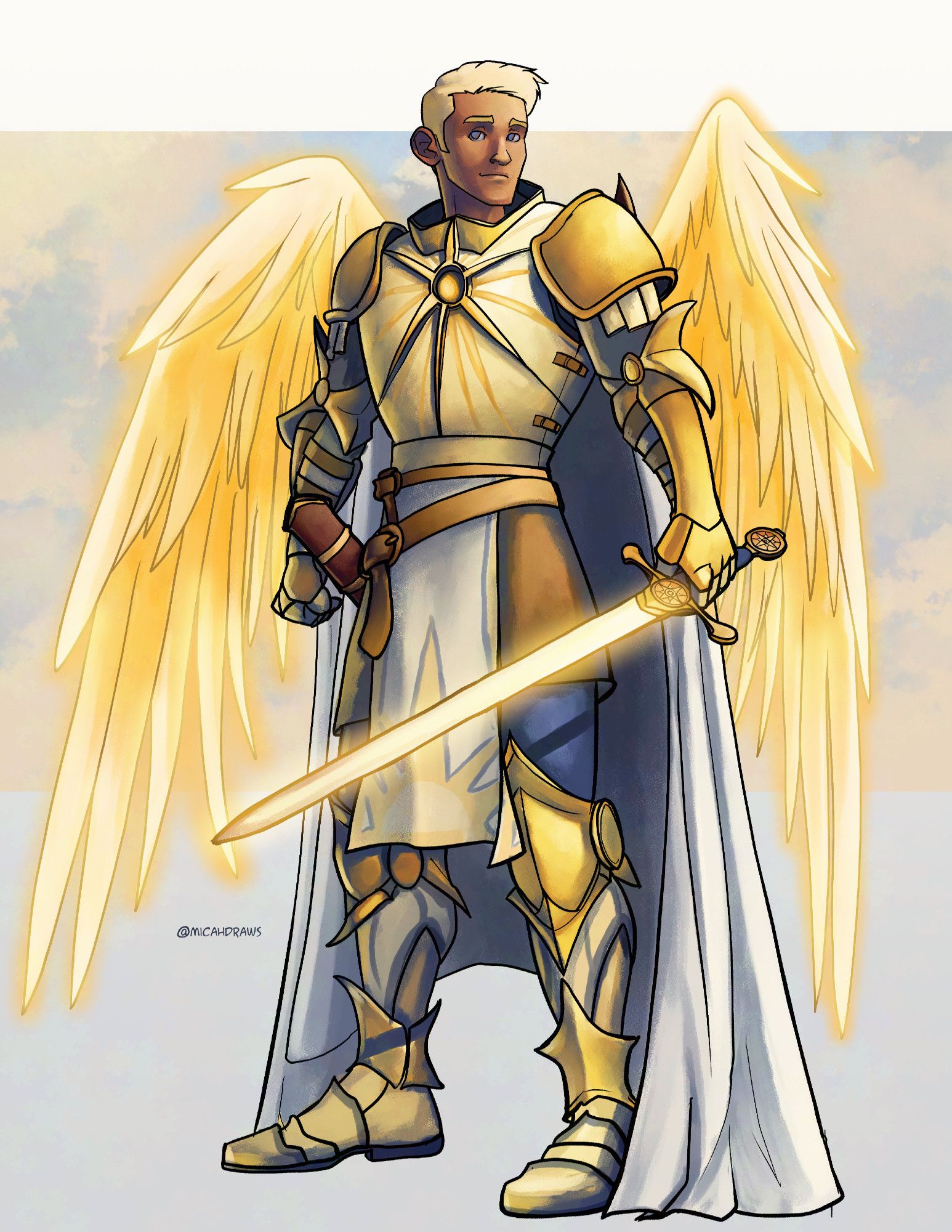 Drawing of the paladin Uriel wearing gold-colored plate armor and a floor-length white cape while holding a glowing sword in one hand