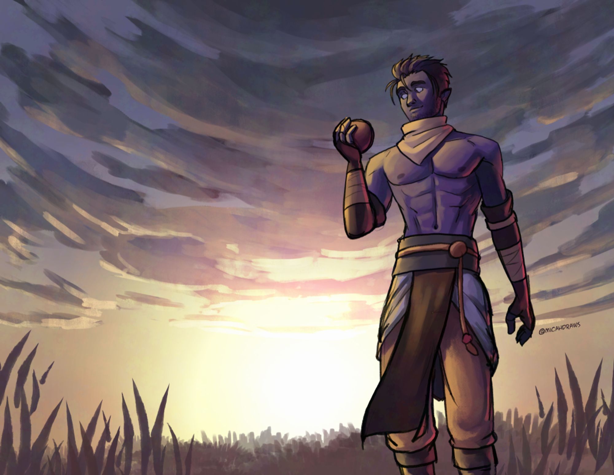 Illustration of my Pathfinder character Jirayu walking across a grassy field and backlit by a sunset on a cloudy sky.