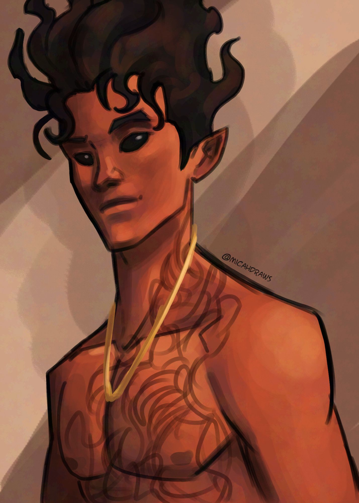 Shirtless bust drawing of the red-skinned fire genasi character Coal, created by edubenaventeart