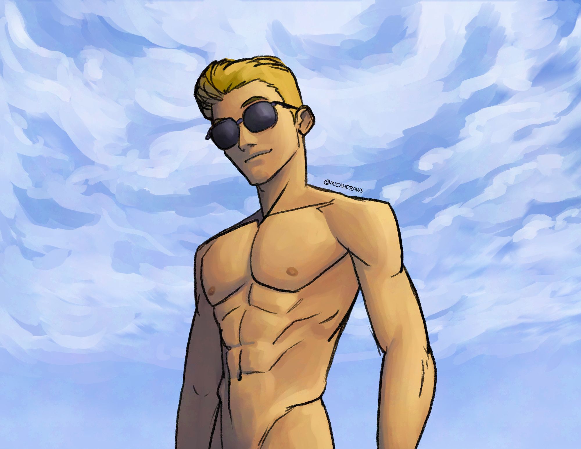 Illustration of Scott standing shirtless in front of a cloudy daytime sky.