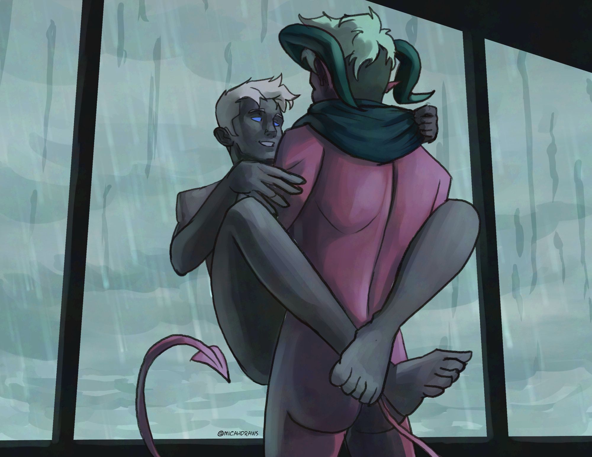 Illustration of Edu Benavente's tiefling character Theo holding my character Eclipse up against a window while they have sex. Outside the window behind Eclipse is a cloudy, rainy sky.