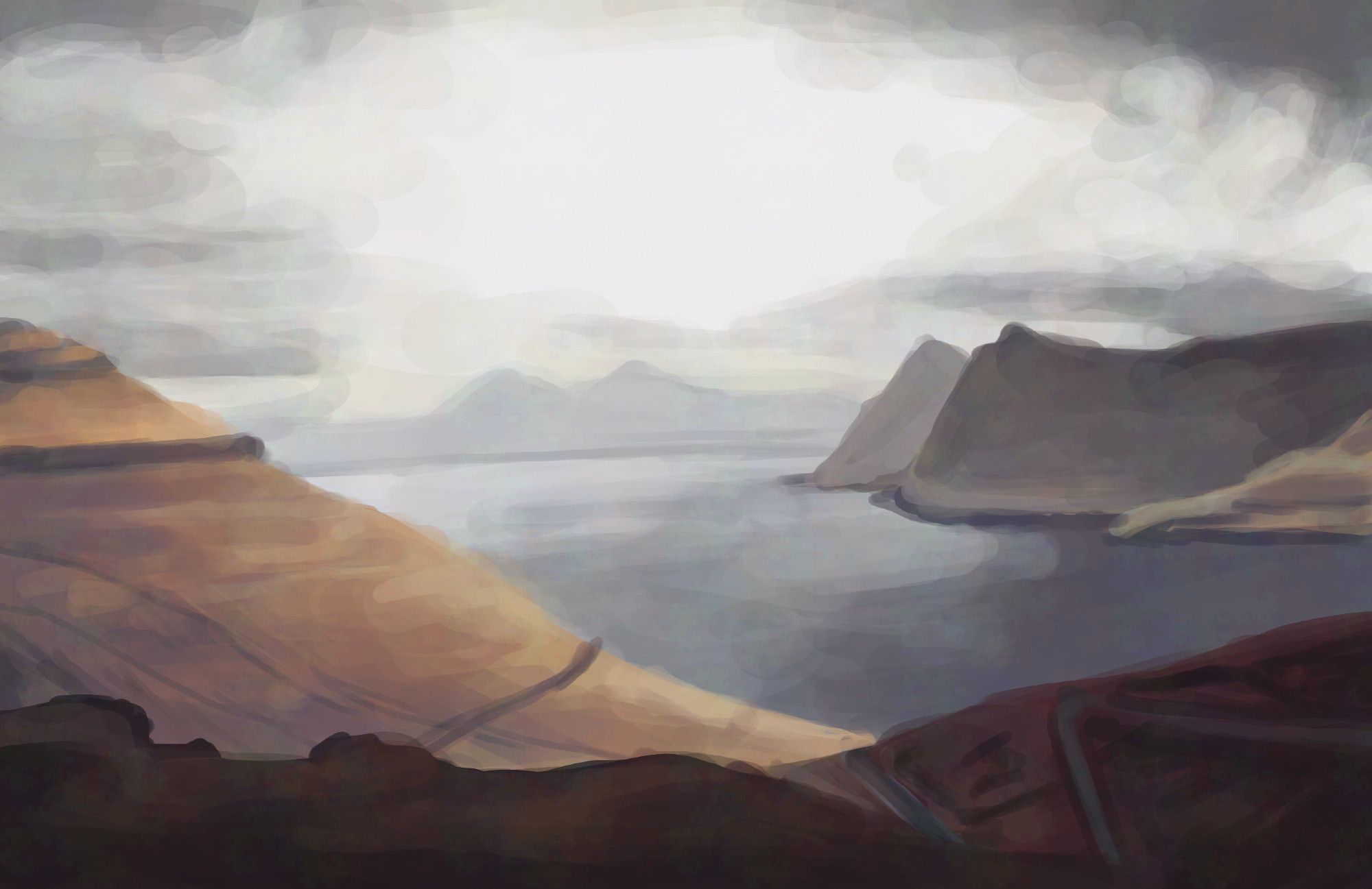 speed paint study of a scenic view of a fjord surrounded by mountains under a cloudy sky, with a small village visible in the distance.