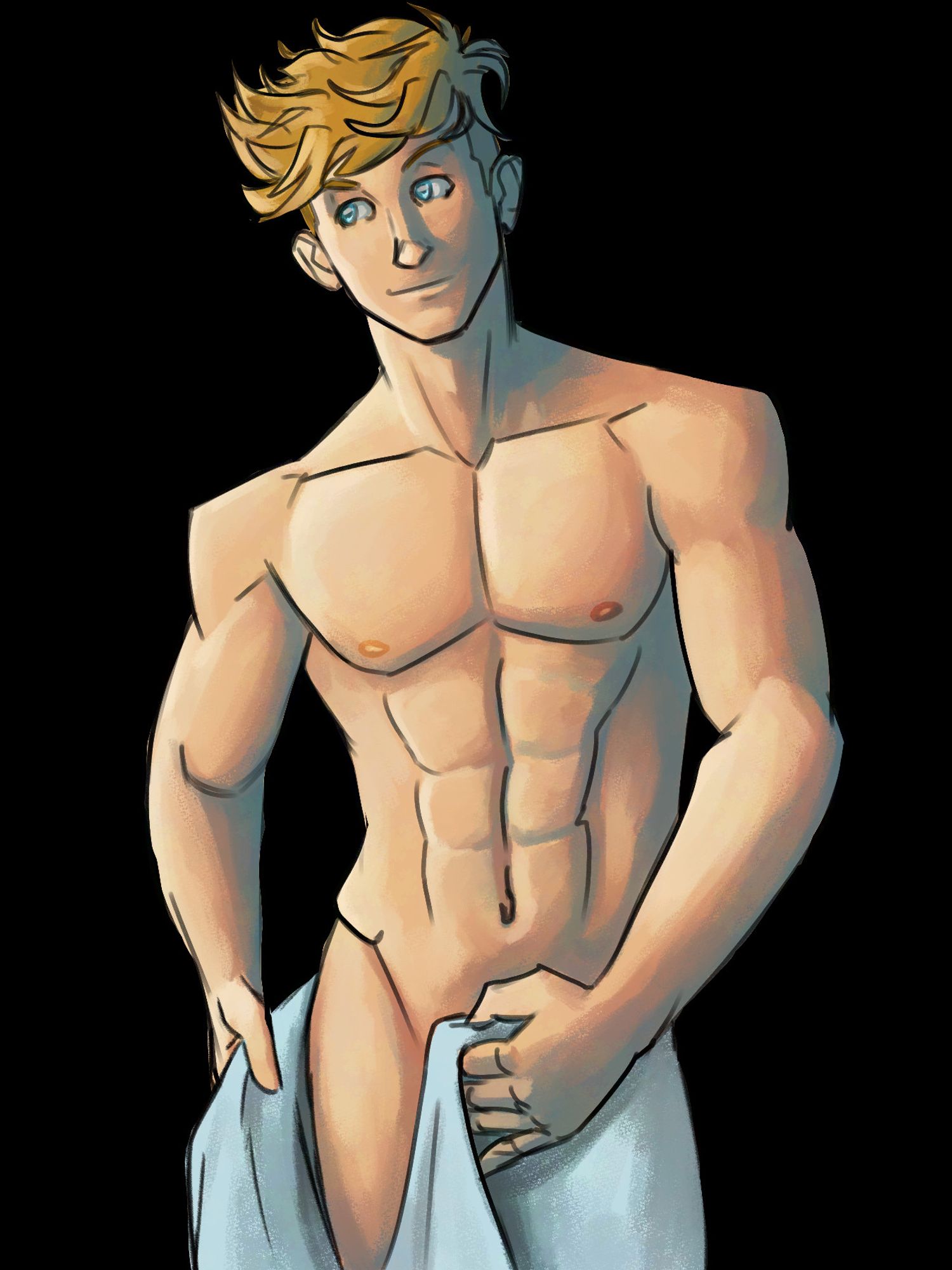 Drawing of Vane from Granblue wearing no clothes but having a towel around his waist.