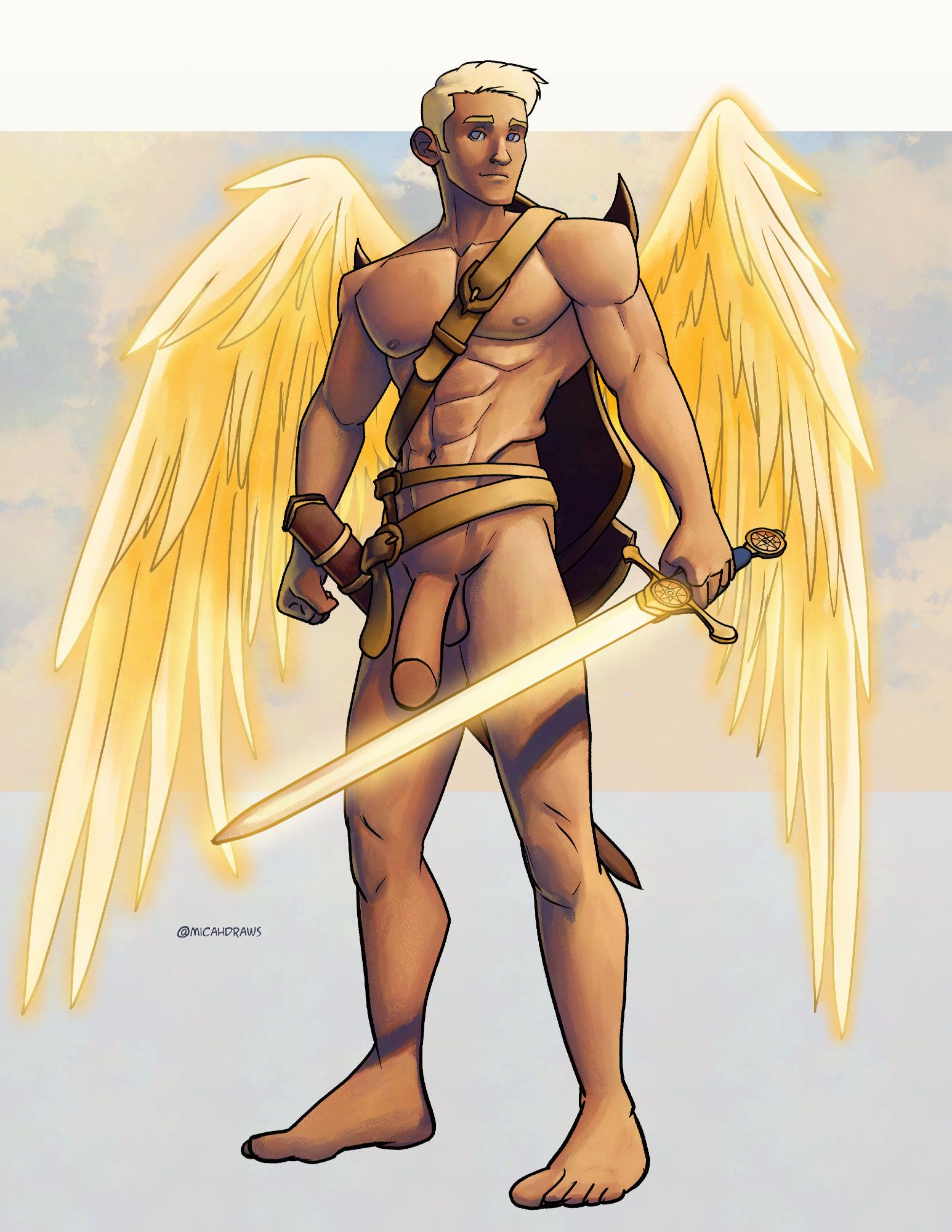 The same drawing of Uriel but he's naked and holding his sword.