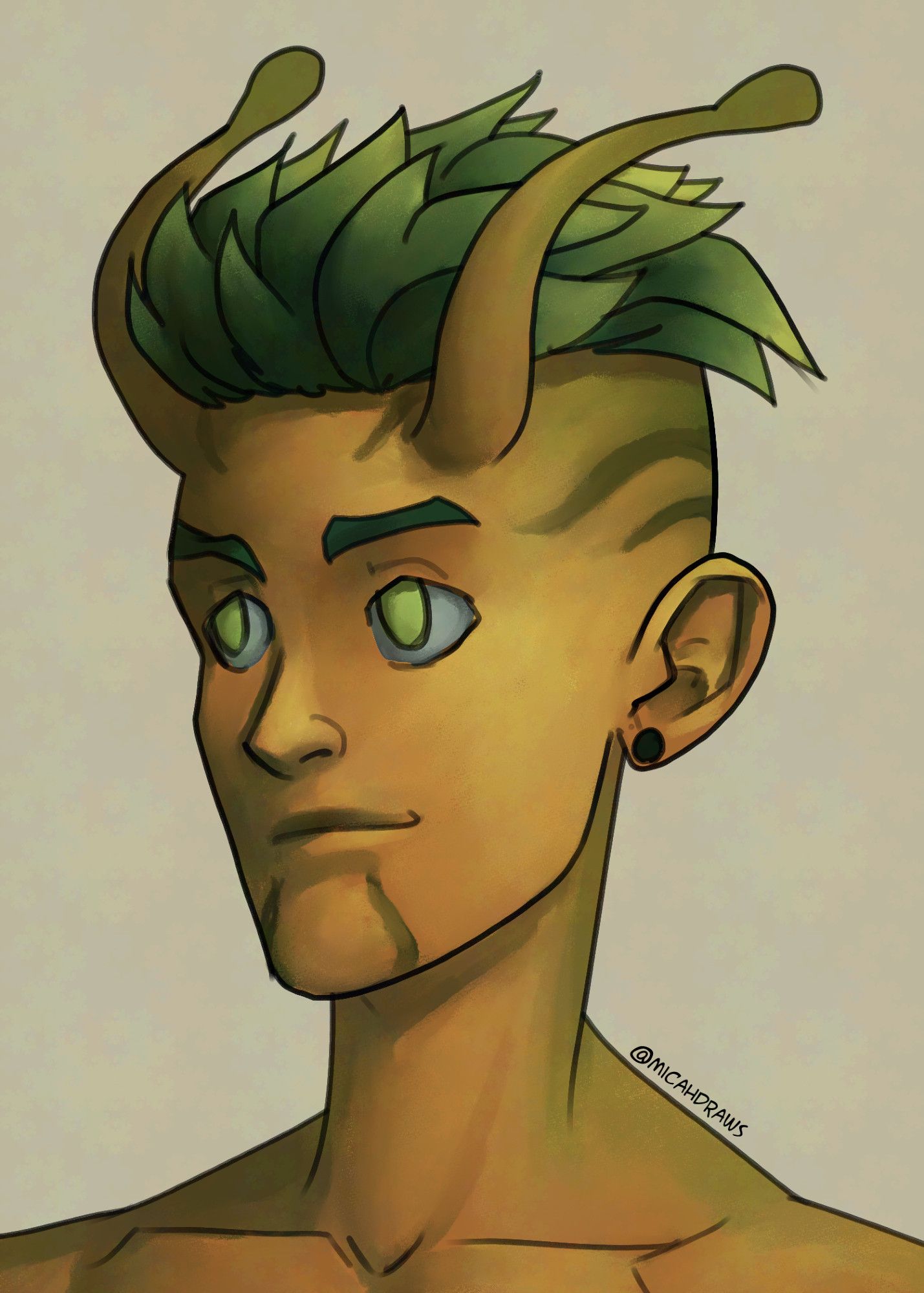 digital painting of an orange-skinned lashunta with short, spiky green hair.