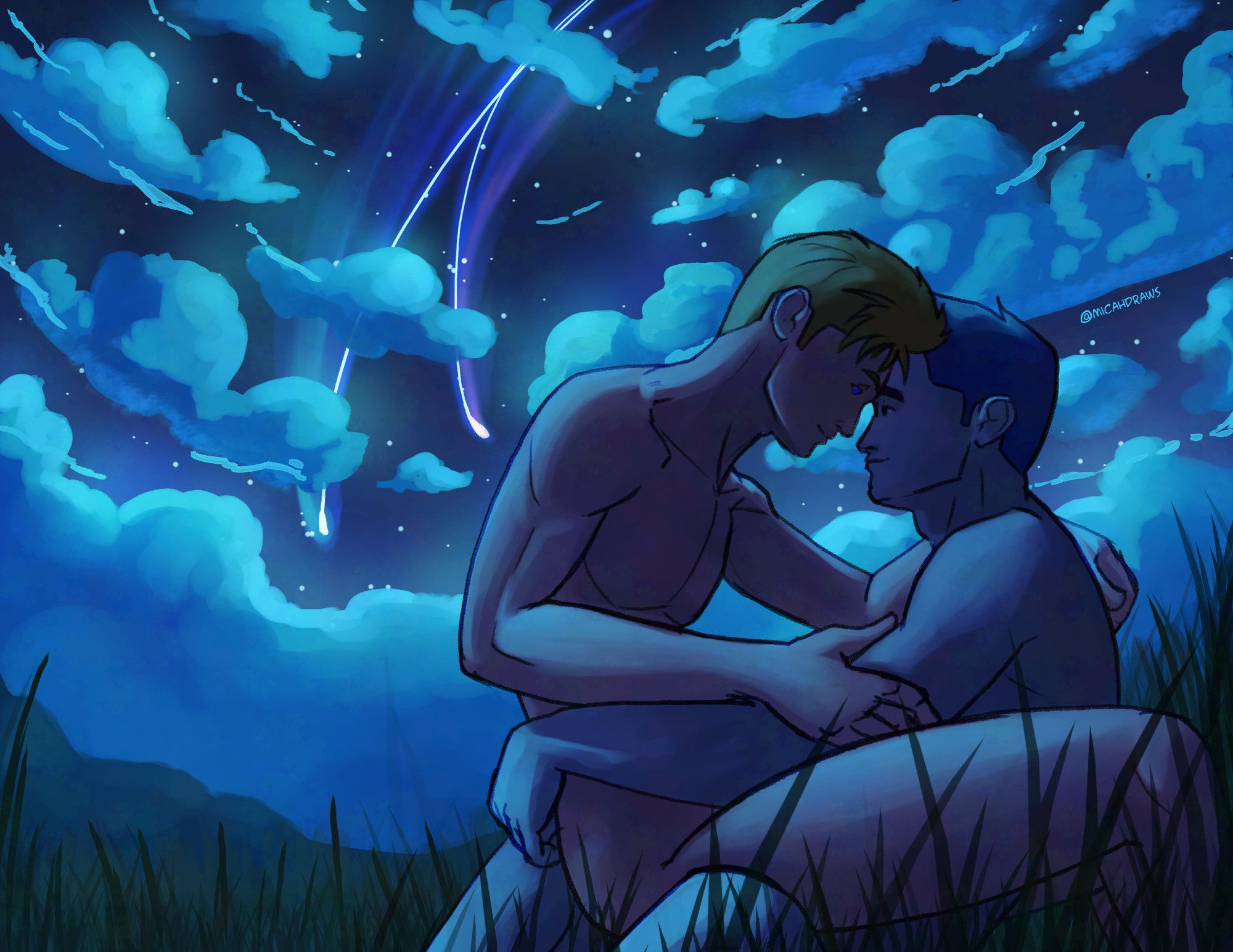 Illustration of Scott and Markos embracing naked in the grass under a night sky