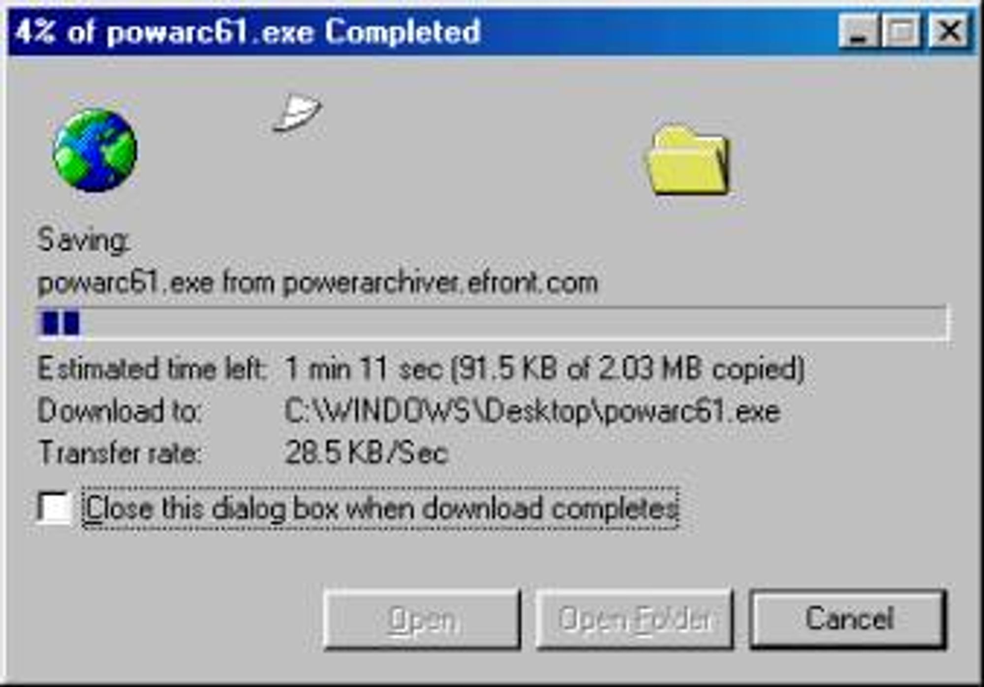 Copie d'écran de Windows 98 en train de télécharger un fichier de 2 Mo à 30 Ko/s