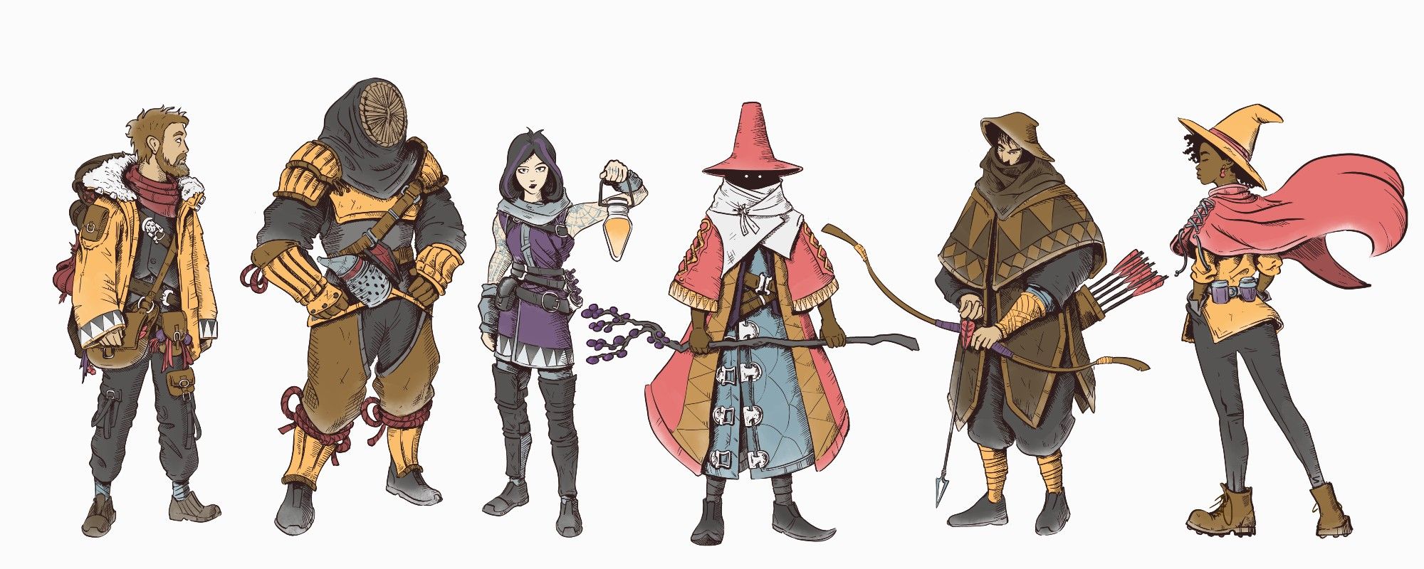 Six character classes for the Midnight Muscadines RPG. A weary forager, a buff, masked apiarist, a tattooed goth of a cartographer, a black mage-flavored healer, a ranger in heavy leathers, and a wanderlustian with a jaunty cape and big old boots.