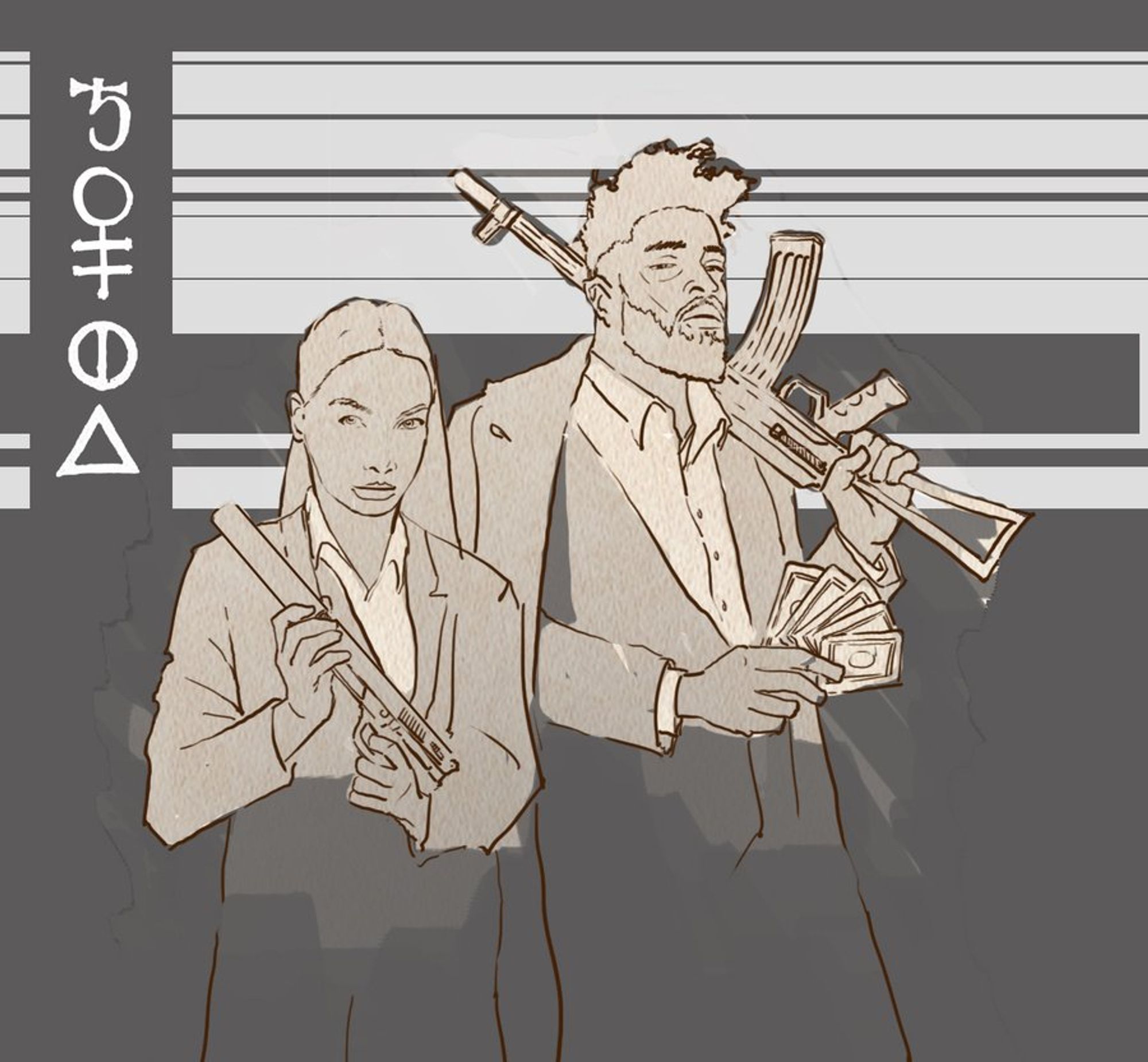 Sketch of early-concept sex assassins in suits, with guns and sorcery by their side.