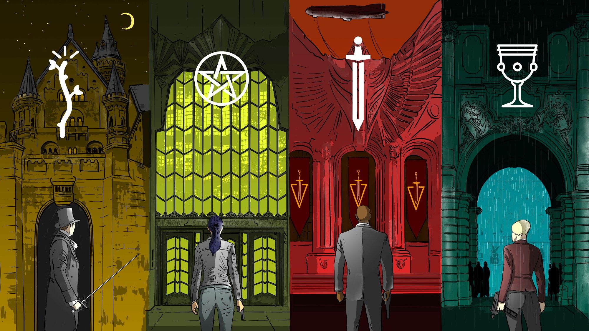 four assassins stand in front of the doorway to their target in four different worlds. Each is marked by a tarot suit.