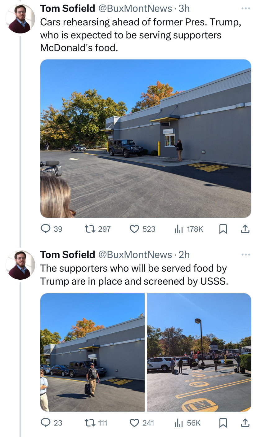 Two tweets from Tom Sofield @BuxMontNews showing the rehearsal of cars in the McDonalds drive thru