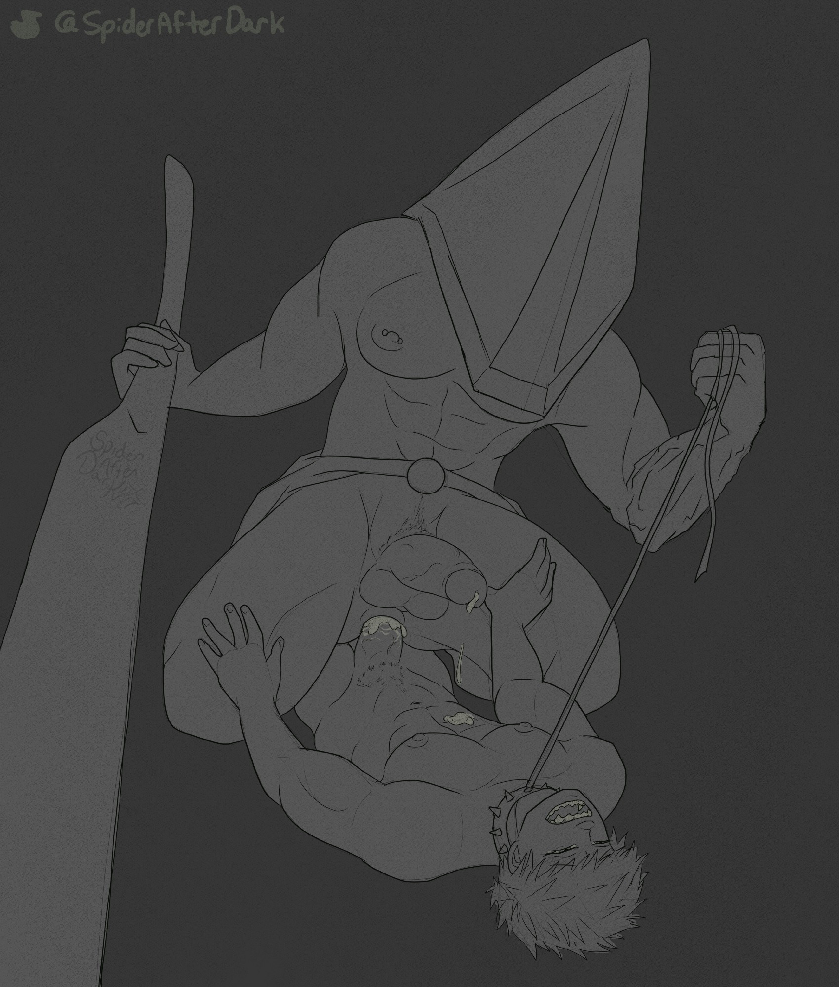 Kirishima, dressed as Pyramid Head, kneels seated on Bakugo's cock. Bakugo is pinned under Kirishima - who is much bigger than him (in more ways than one.) His mouth is parted in a gasp, overstimulated tears in his eyes. Kirishima holds a leash taught, which is attached to the spiked collar around Bakugo's neck. In his other hand is a large executioner's sword, which he appears to be using for balance while he fucks himself on Bakugo's cock. 