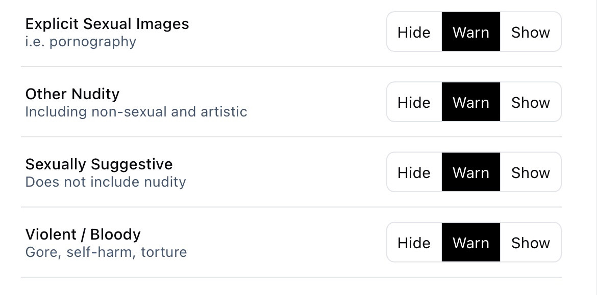 My settings, which specify that I be warned about explicit, nude, or violent images, which this bizarre nightmare figure is all of the above