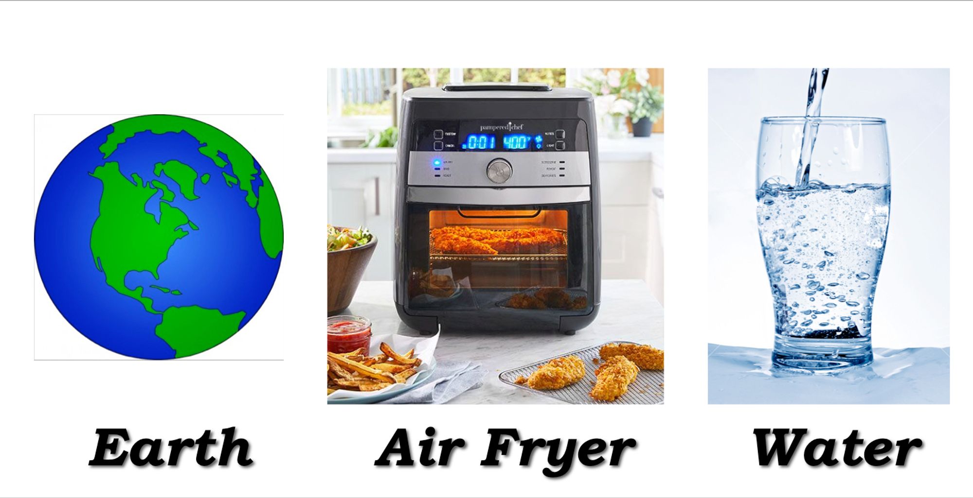 Pictures of Earth, Air Fryer, and Water