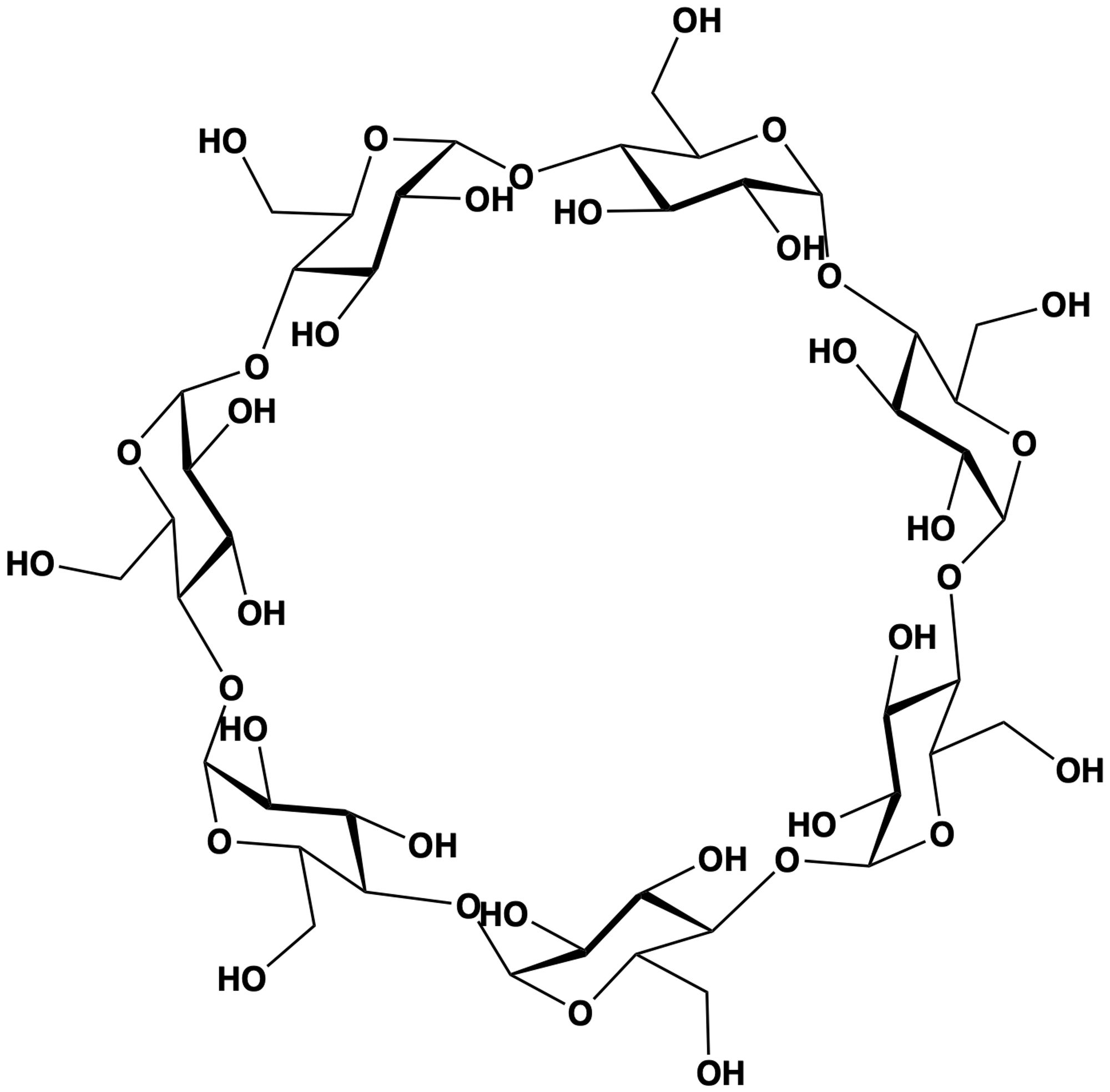 beta-Cyclodextrin, a cyclic oligosaccharide made up of seven alpha-1,4-linked glucose residues. The interior is relatively hydrophobic, allowing it to bind small organic molecules.