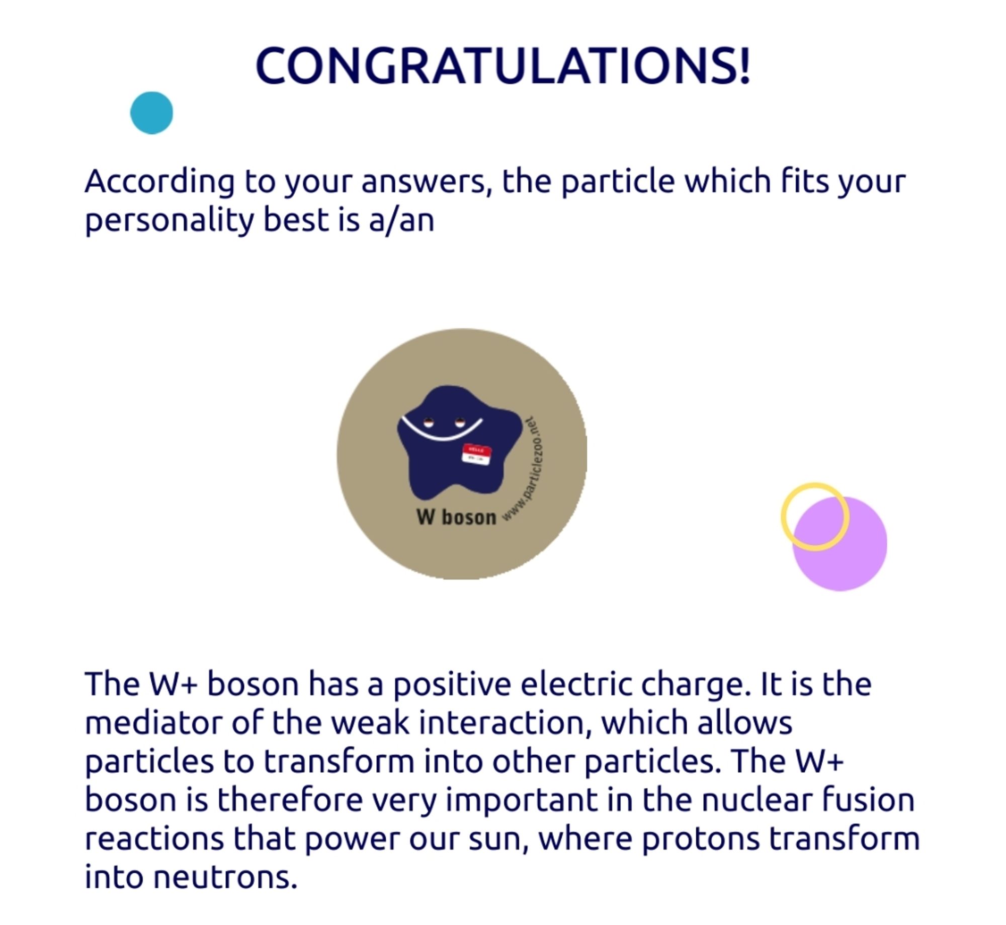 CONGRATULATIONS!

According to your answers, the particle which fits your personality best is a/an

W boson

The W+ boson has a positive electric charge. It is the mediator of the weak interaction, which allows particles to transform into other particles. The W+ boson is therefore very important in the nuclear fusion reactions that power our sun, where protons transform into neutrons.