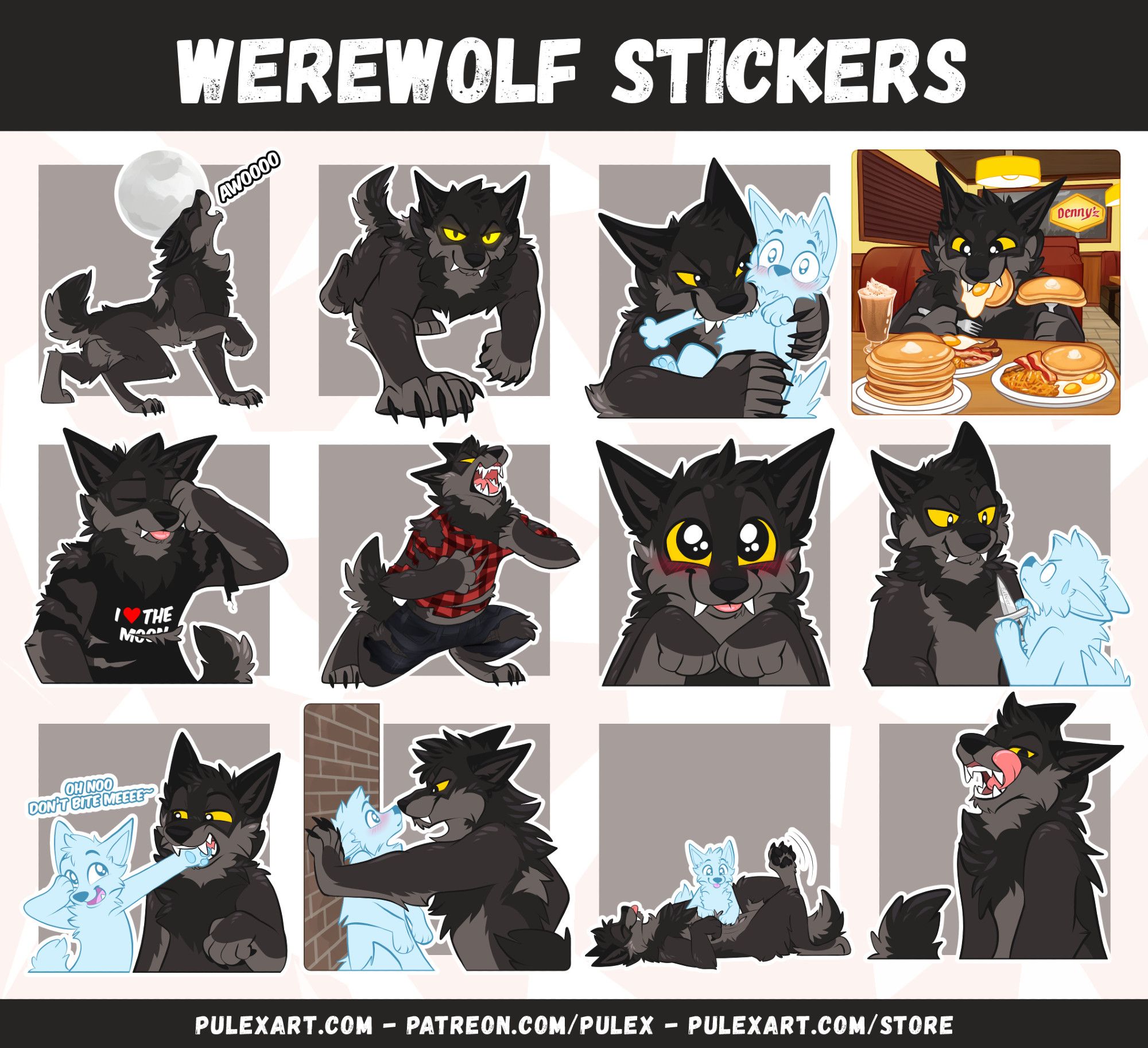 A collection of werewolf stickers in various situations of which include: Howling at the moon, prowling on all fours, grabbing and biting a YCH character, eating several grand slams at Dennys, exhausted after transforming, transforming, giving huge puppy eyes like the big buppy they are, being threatened by silver, a YCH character begging to be bitten by them, a YCH being pinned against a wall by the werewolf, the wolf getting belly rubs, and finally, licking their chops because you know, they're hungry like the woooolffff.