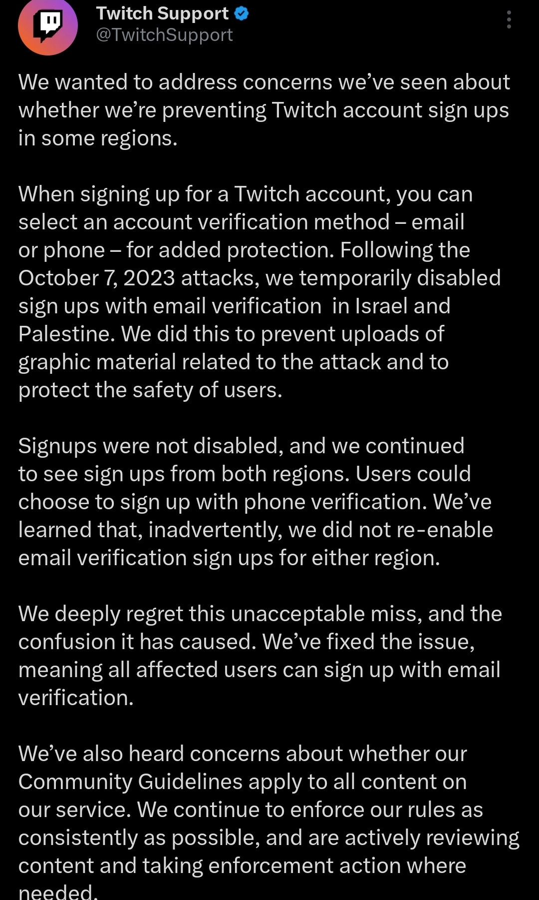 Twitch's apology for denying signups from specific territories