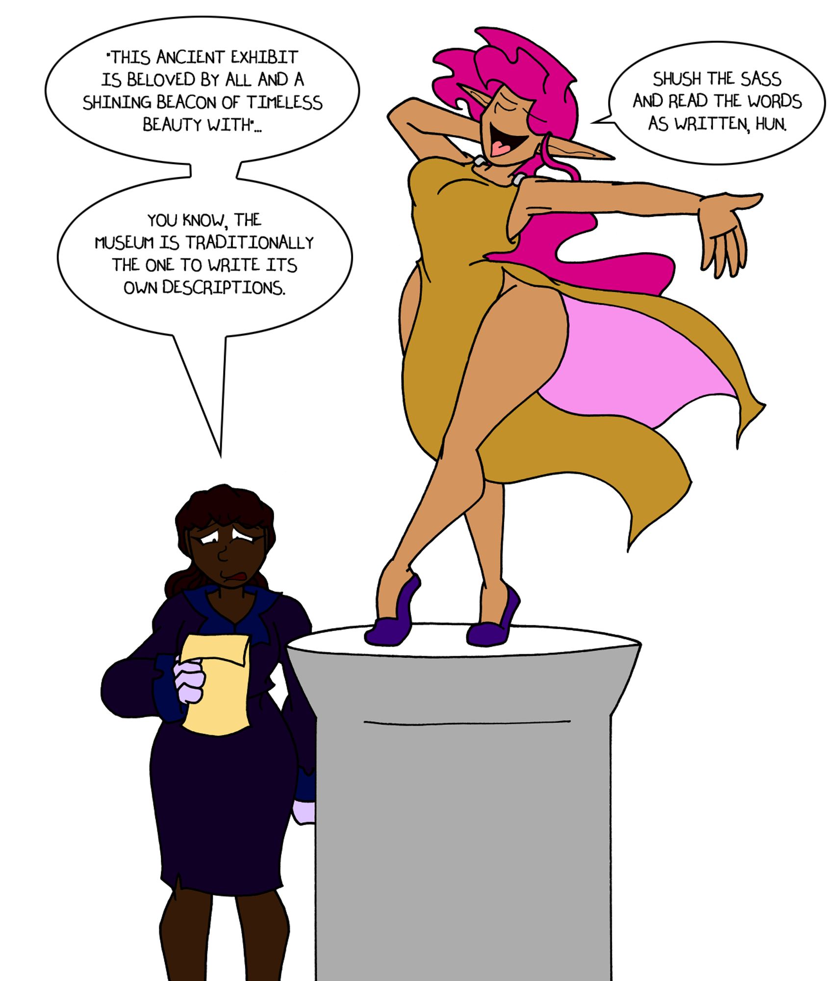 Lust poses atop a pedestal while the Tour guide is forced to read the self-aggrandizing description the Sin has written.