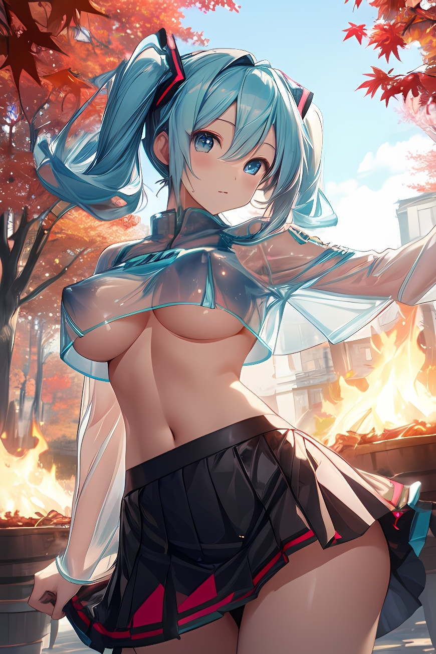 プロンプト：HatsuneMiku, blue hair, dilated eyes, Bonfires, autumn clothes, expression, angle, scene situation, skin tight, (underboob:0.9 vinylshirtskirt), (see ThRoUgH:1.1), ultra Details.