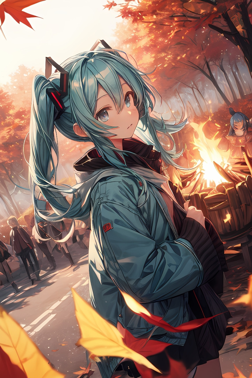 プロンプト：HatsuneMiku, blue hair, dilated eyes, Bonfires, autumn clothes, expression, angle, scene situation