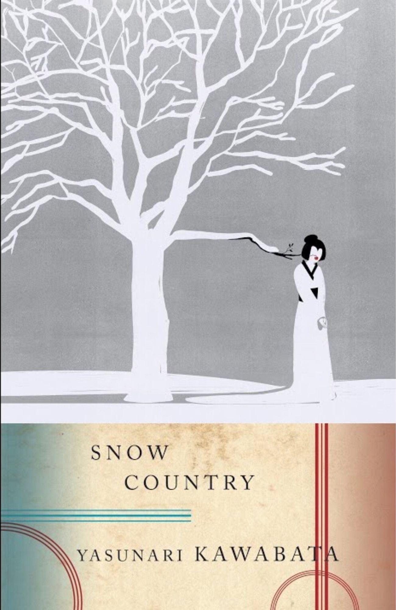 Book cover of Snow Country by Yasunari Kawabata. A woman in a kimono stands next to a tree without leaves.