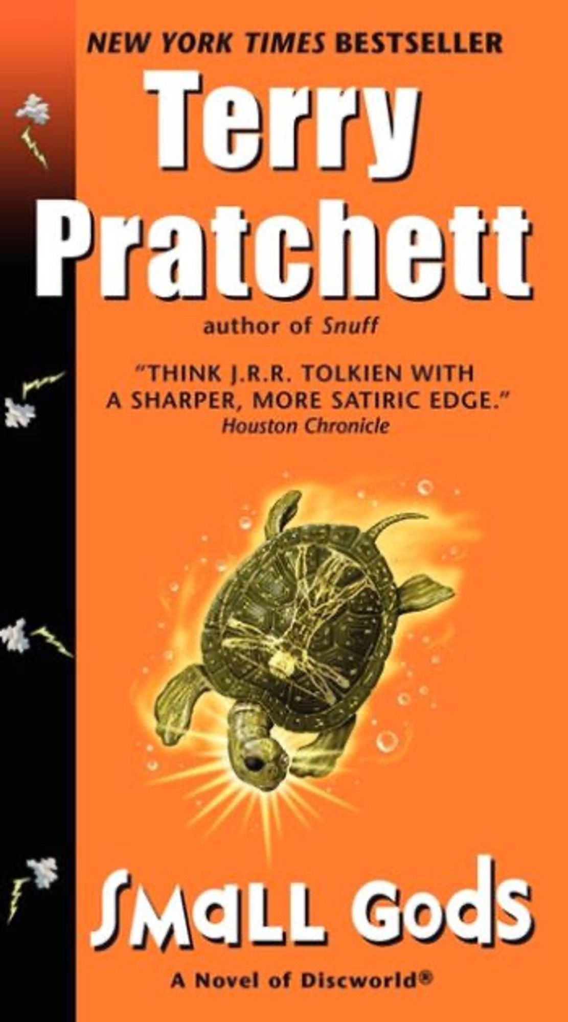 Book cover of Terry Pratchett’s Small Gods featuring a turtle with DaVinci’s Vitruvian Man drawn on his shell.