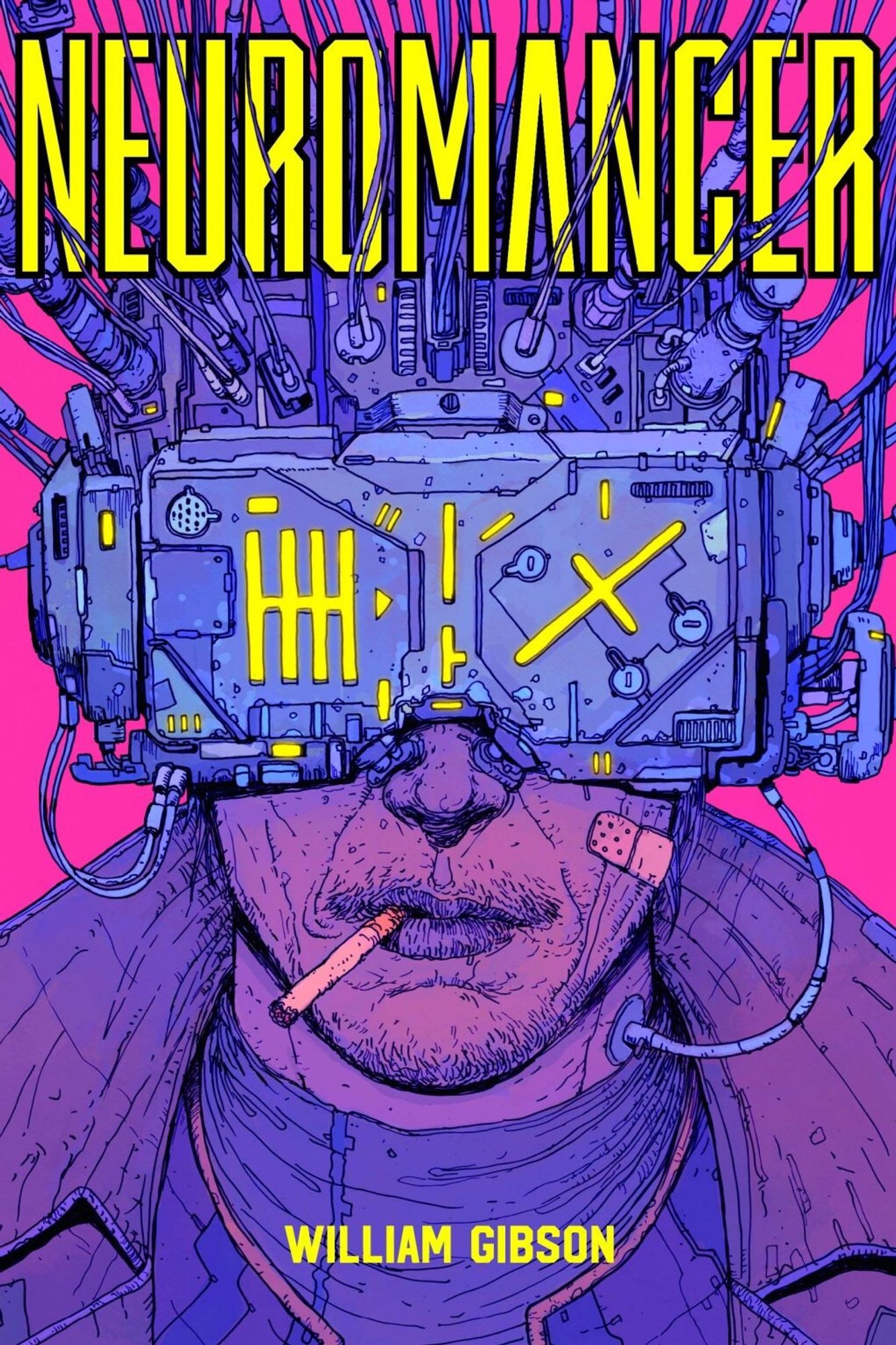 Book cover of William Gibson’s Neuromancer. A man with a cigarette in his mouth wearing a cyberspace/vr headset over his eyes with many wires sticking out.