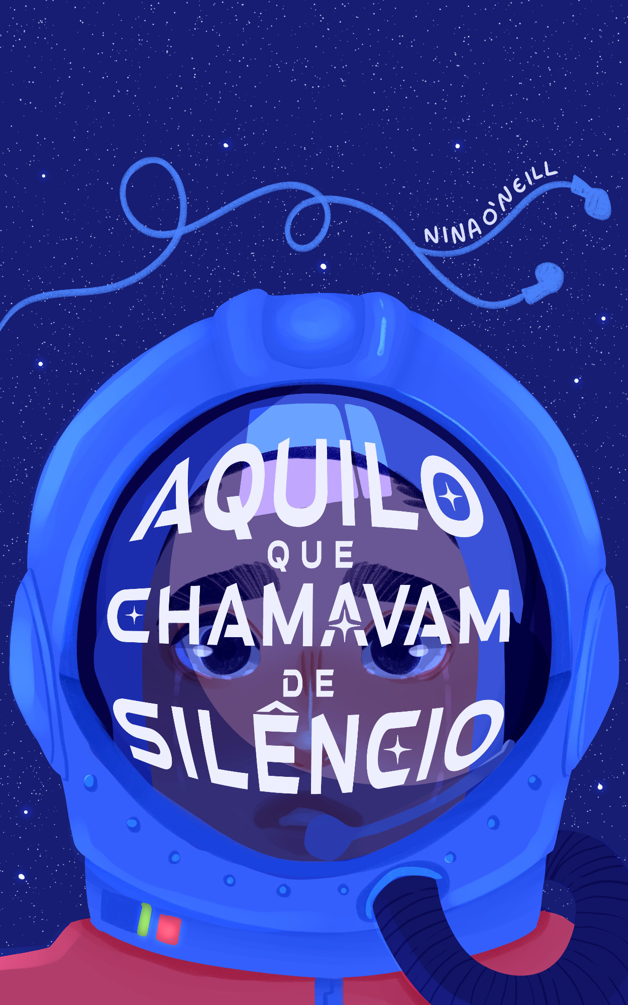 Capa de aquilo que chamavam de silêncio, por Nina O'Neill. Mostra uma pessoa vestida com um traje espacial em meio ao espaço. Ela está chorando e o título cobre o seu rosto. A capa é majoritariamente em tons de azul, com um pouco de laranja do traje espacial. A pessoa é branca de olhos castanhos e seu gênero é ambíguo.