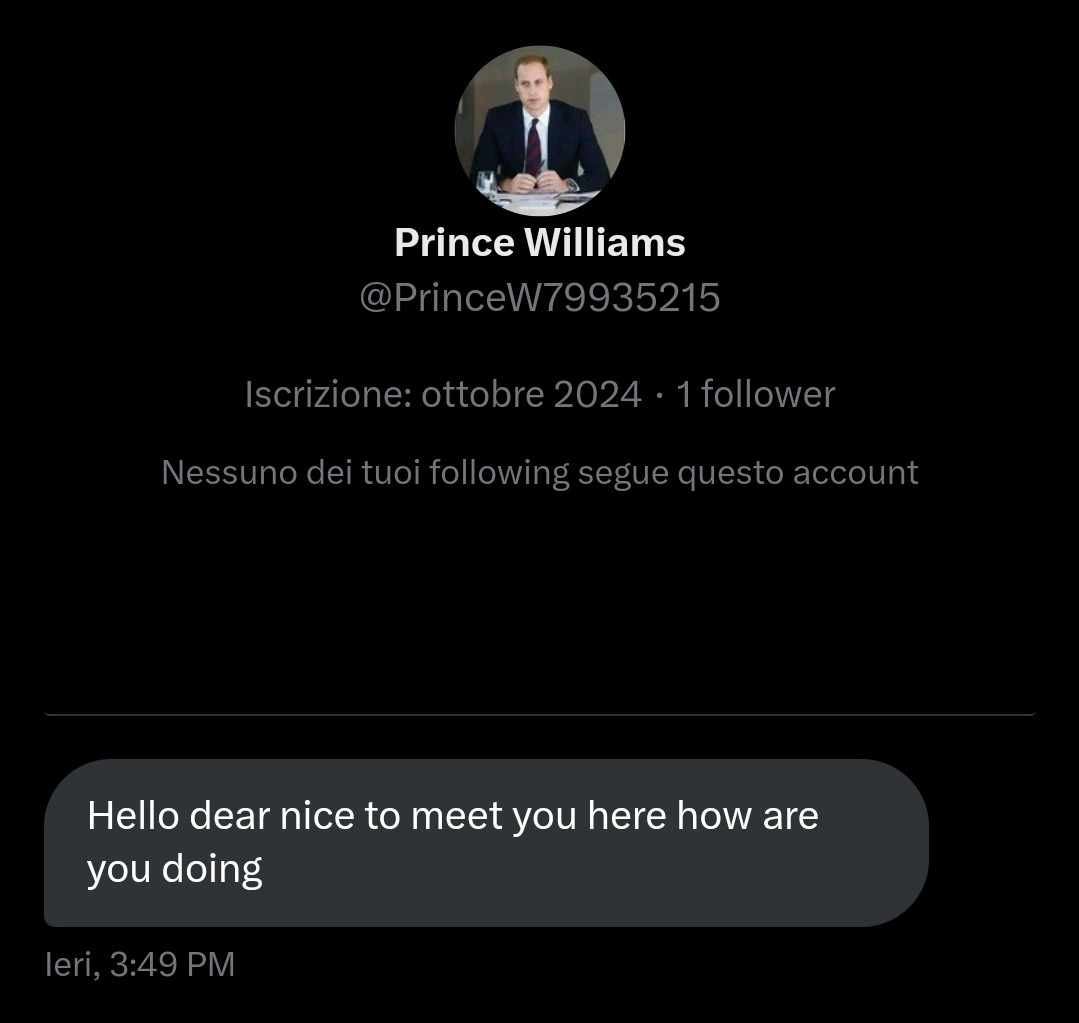 DM from "Prince Williams" saying hello dear nice to meet you how are you doing