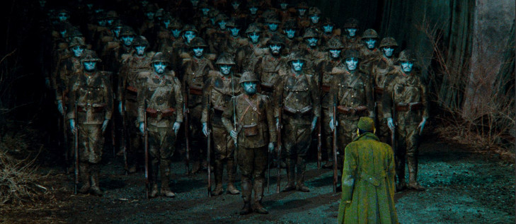 An army of ghostly soldiers coming out of a tunnel and standing to attention in front of a live soldier