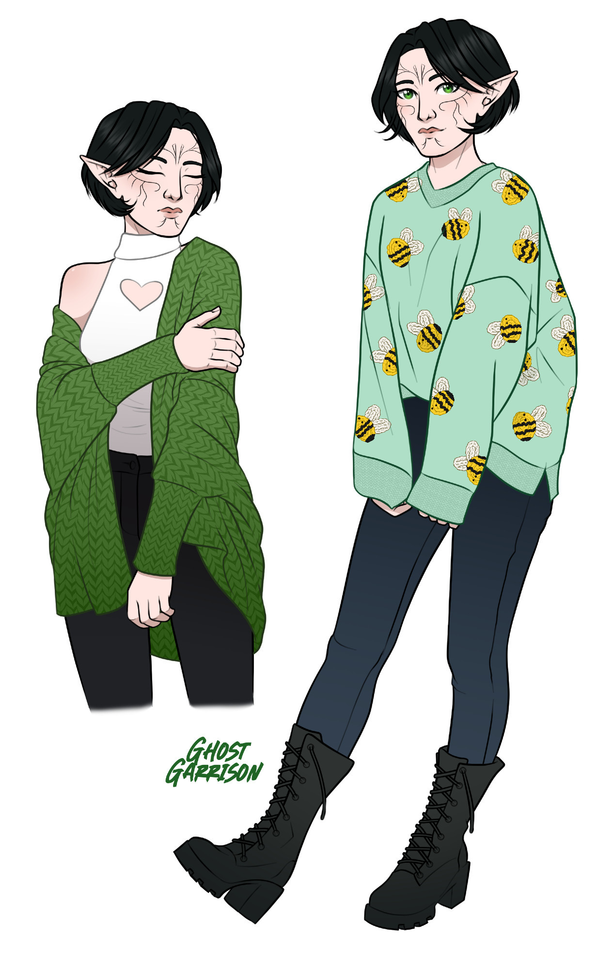 A digital drawing of Merrill from Dragon Age II. On the left, she is depicted from the knees up, wearing a slouchy green cardigan that is off one shoulder, a tight white halter with a heart cutout, and black jeans. She is looking off to the side with her eyes closed. On the right, she is depicted full-body. She is wearing a slouchy mint sweater with yellow bees all over it. She is wearing dark jeans and black lace-up boots. She looks softly at the viewer.