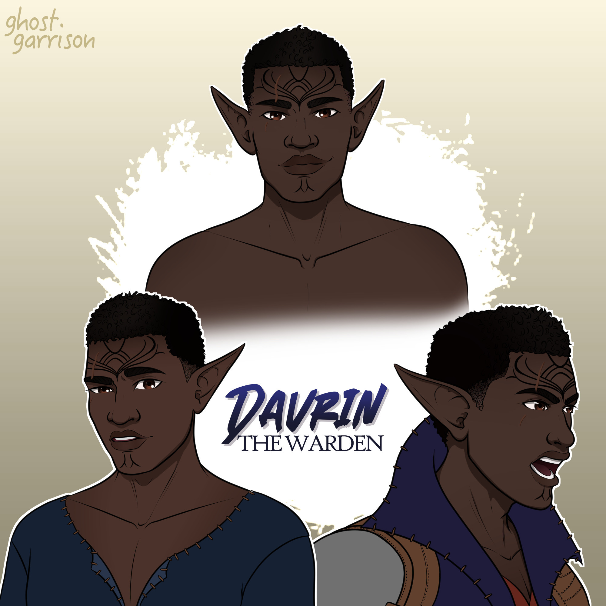 A digital drawing of Davrin from Dragon Age The Veilguard. He is depicted three times, with three different emotions: smiling, going 'what', and giving a warrior's yell. He is also depicted shirtless, in a blue tunic, and in his warden armor. 