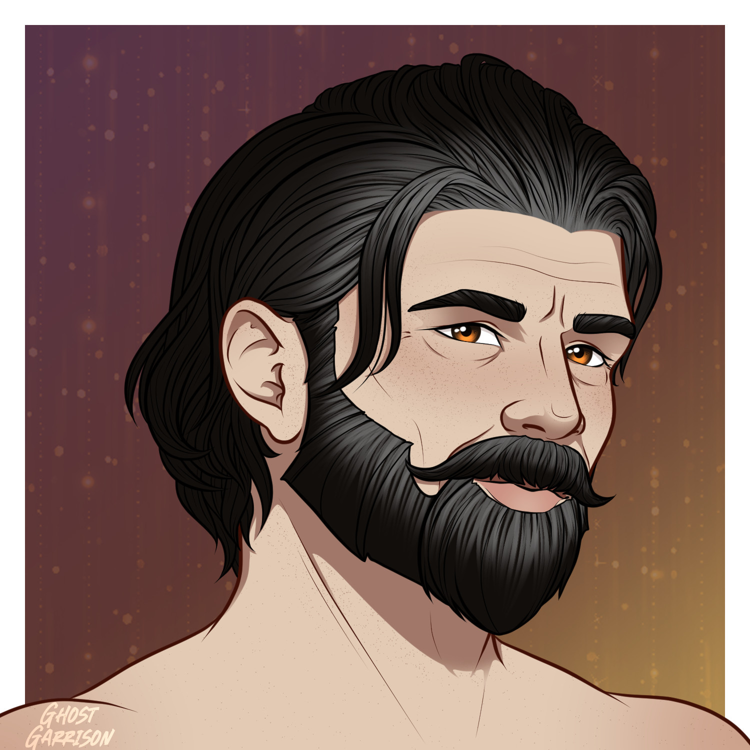 A digital drawing of a rendition of Malcolm Hawke from Dragon Age 2, shoulders up with a warm gradient background. He looks a lot like default Hawke, but with a thicker beard and a curled mustache, and his hair is slightly longer and pushed back away from his forehead. He has crows feet and wrinkles around his eyes and forehead, and he looks at the viewer with brown eyes and a soft but confident expression.