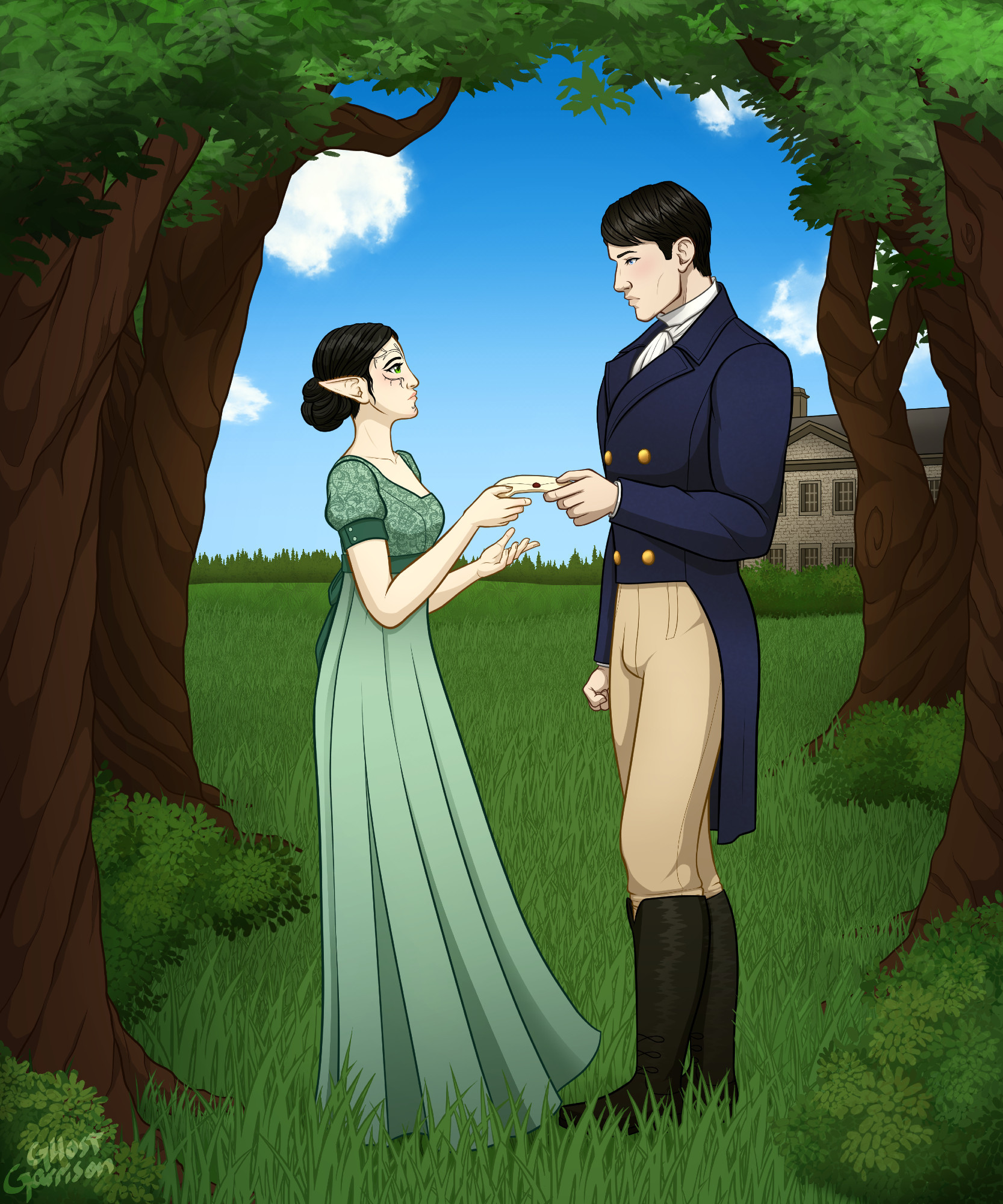 A digital drawing of Merrill and Carver from Dragon Age II. They stand facing each other in a meadow with trees framing them, an old England style manor in the distance. Merrill wears a light teal regency-era gown with short leaves and lace, lightly blowing in the breeze, and her hair in a low chignon. Carver hands her a sealed envelope, wearing a dark navy blue jacket with tails, tan trousers, and black riding boots.