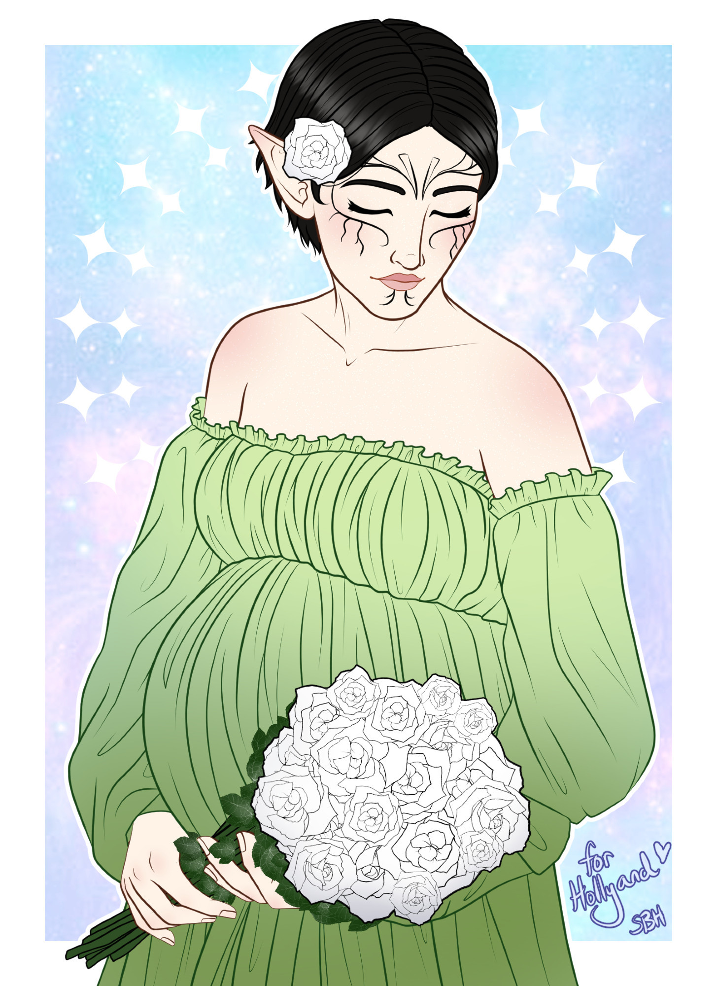 A digital drawing of Merrill from Dragon Age. She is wearing a floaty light green dress, that is off shoulder with long flowing sleeves. She has a noticeable baby bump under the dress, and she holds a bouquet of white roses. She has a white rose in her hair, and she is looking down and to the right with her eyes closed. She has a light blush on her face and shoulders, and is absolutely glowing. The background is a pastel purple and pink watercolor.