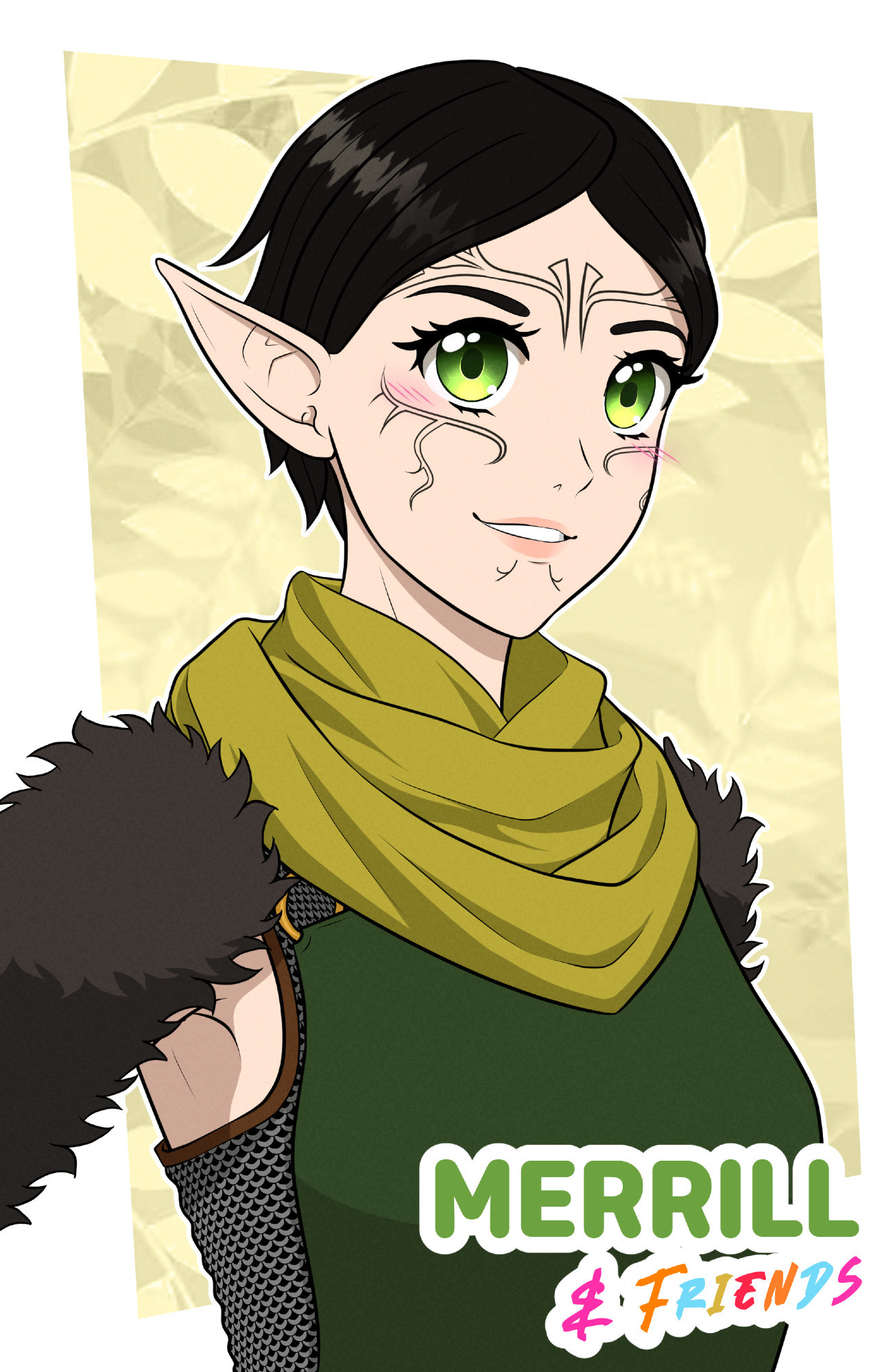 An anime-style drawing of Merrill from Dragon Age II. She has large anime eyes, looking at the viewer, and is smiling softly with blushing cheeks. She is facing right, and you can only see her from just above her waist. The background has very pale green leaves in a box shape. In the bottom right-hand corner, there is a fake anime logo that says "Merrill & Friends" in colorful text.