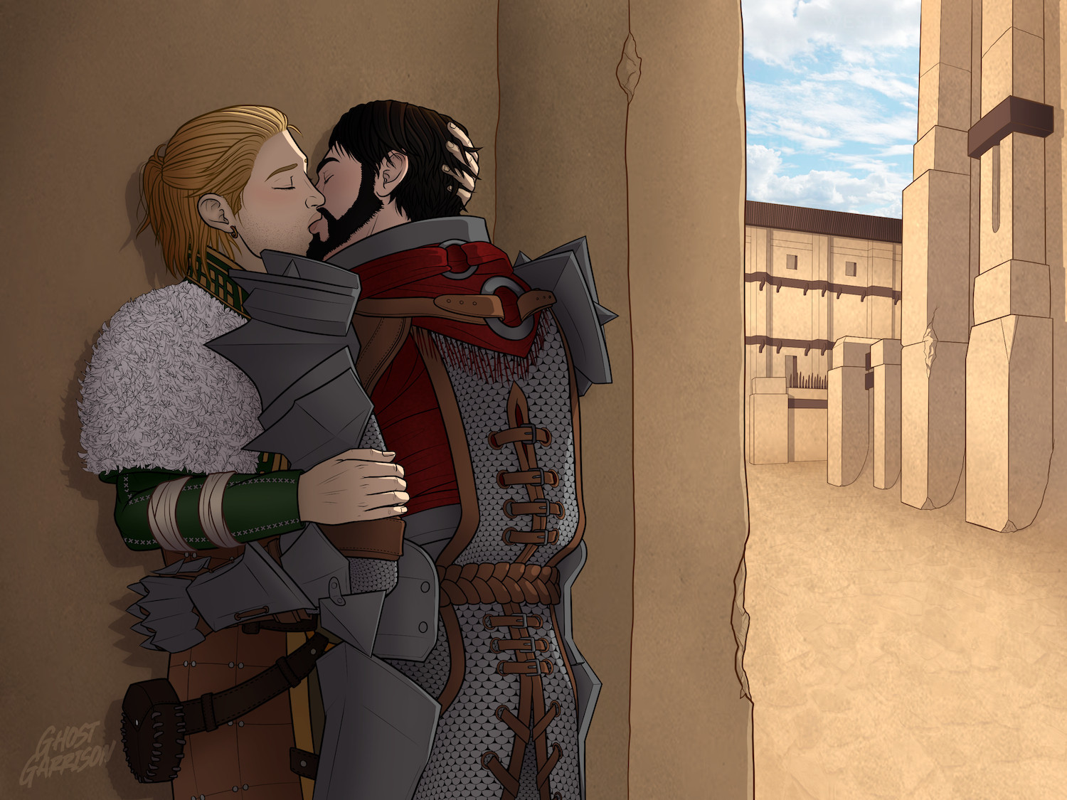 a digital drawing of Hawke and Anders from Dragon Age 2. Hawke's appearance is of default, male, and wearing the champion warrior armor. Anders is wearing his green robes with the light feather pauldrons. They are depicted in a passionate kiss, arms wrapped around each other, eyes closed. They are in a shadowed alleyway, hidden from view, and is the distance are the streets of Lowtown.