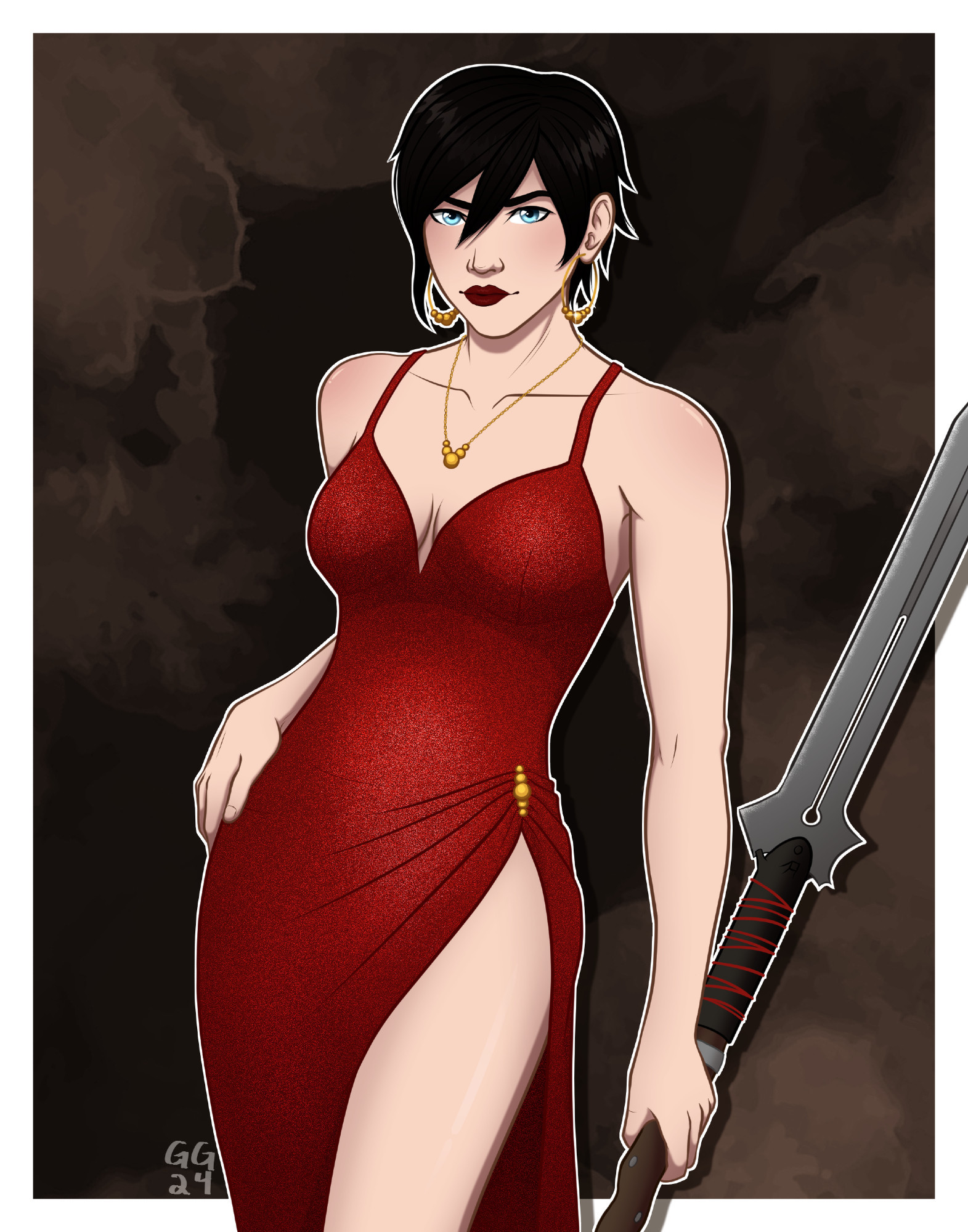 A digital drawing of default female Hawke from Dragon Age 2. She depicted in a long red dress that is form fitting, with a high slit up the thigh and a deep neckline. She has gold hoops that have the same design as her gold necklace and gold detail on her dress. She has her typical black short haircut, striking blue eyes that look at the viewer, and in her right hand she holds the staff of parthalan.