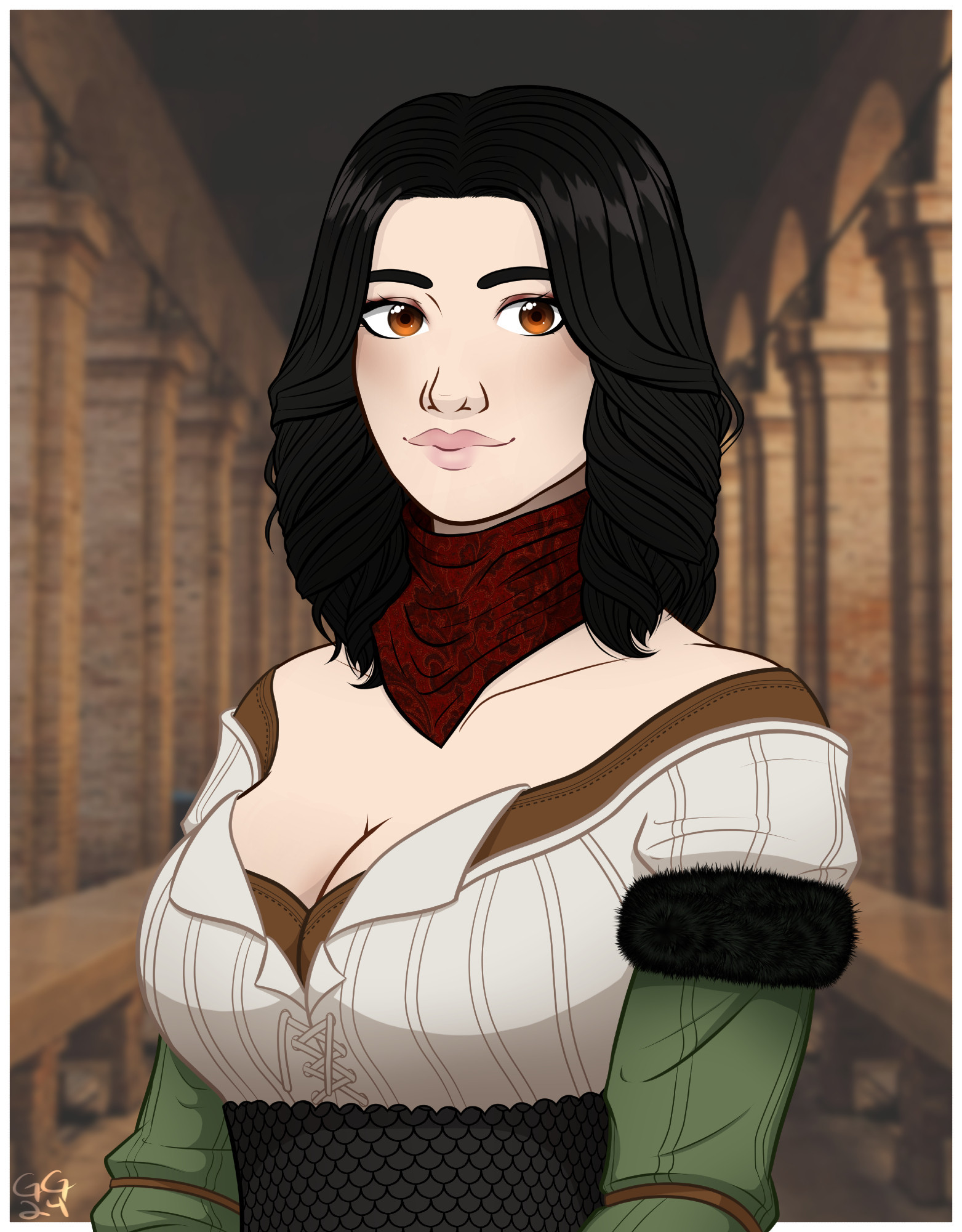 Digital art depicting Bethany Hawke from Dragon Age 2, from the waist up. She depicted as her default appearance, with wavy black hair that reaches her shoulders, a red bandana, and her green and white armor. She smiles gently at the viewer with soft brown eyes and rouged lips.